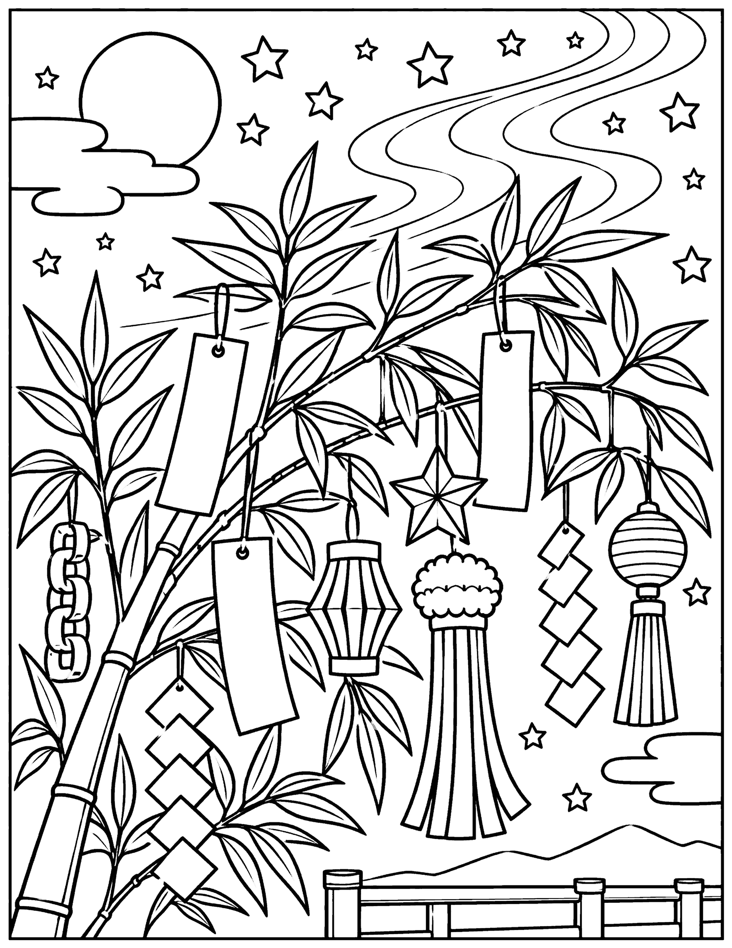 天の川と七夕飾り 塗り絵