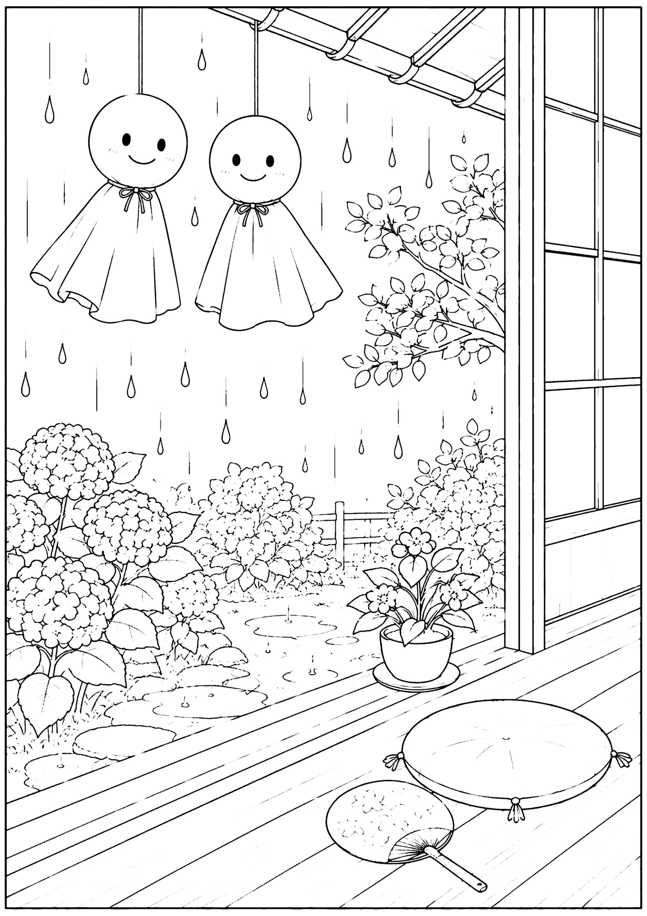雨の縁側 塗り絵