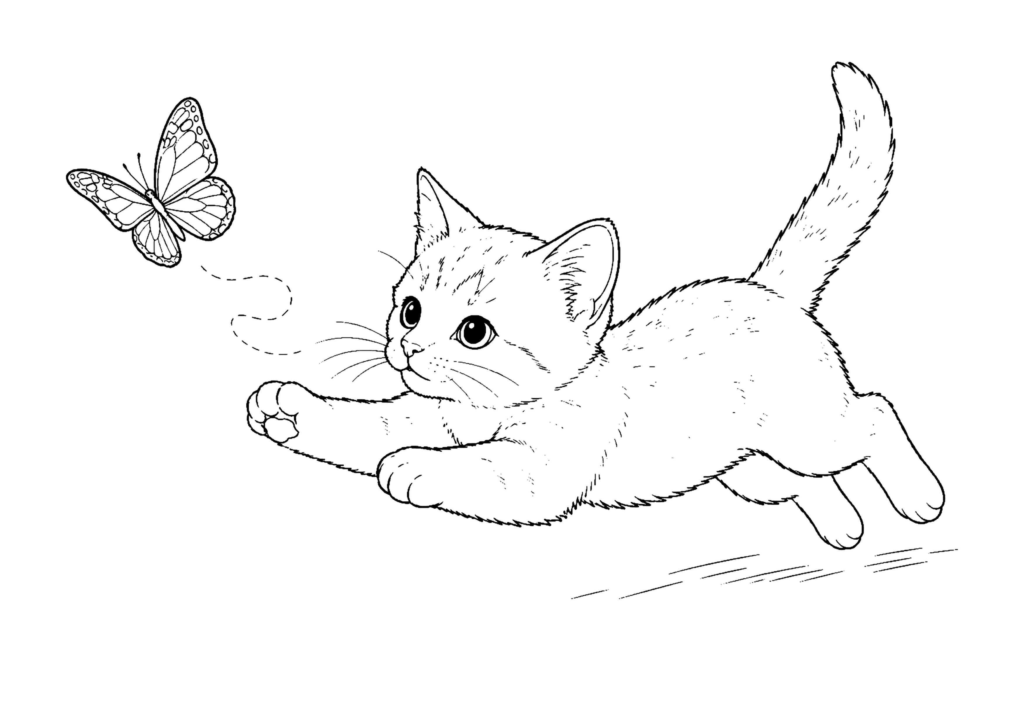 蝶を追いかける猫 塗り絵