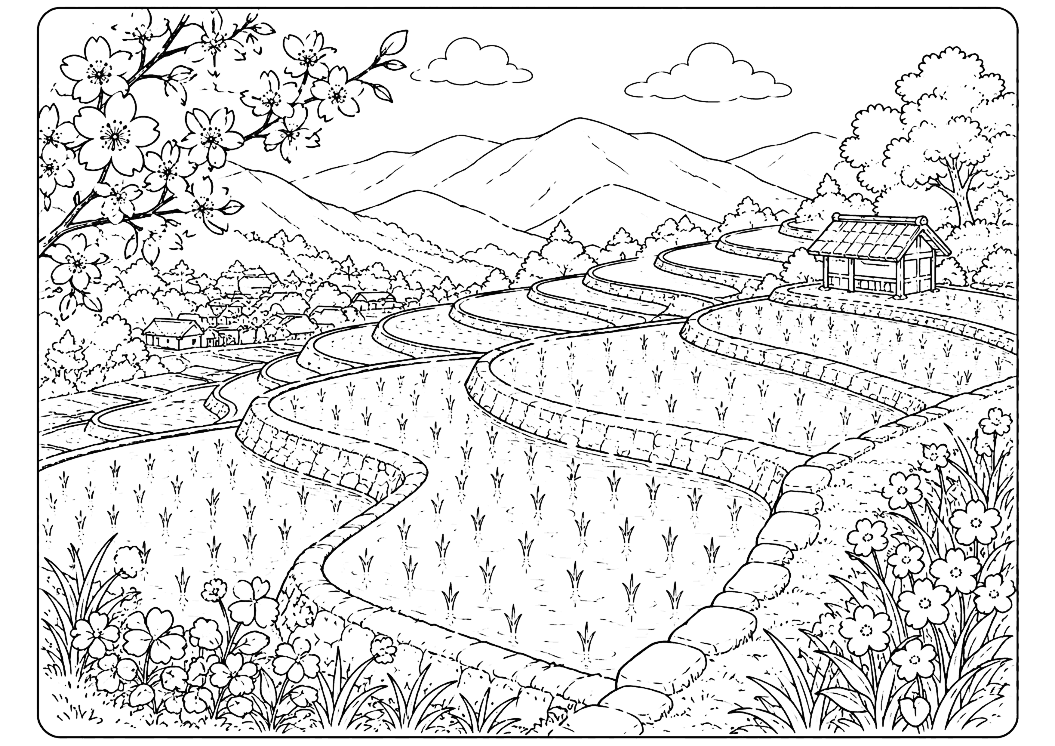 春の棚田 塗り絵