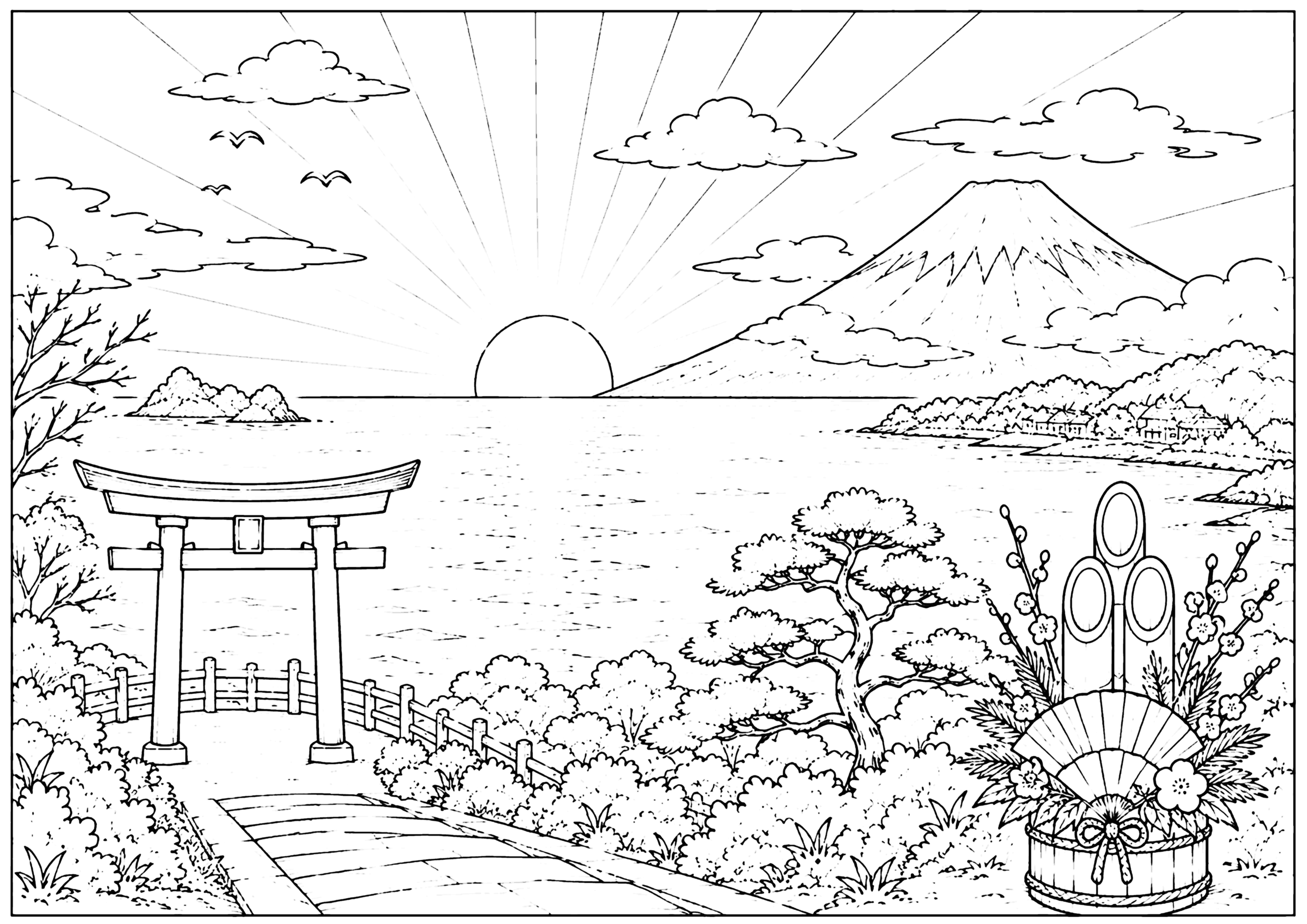 初日の出 塗り絵