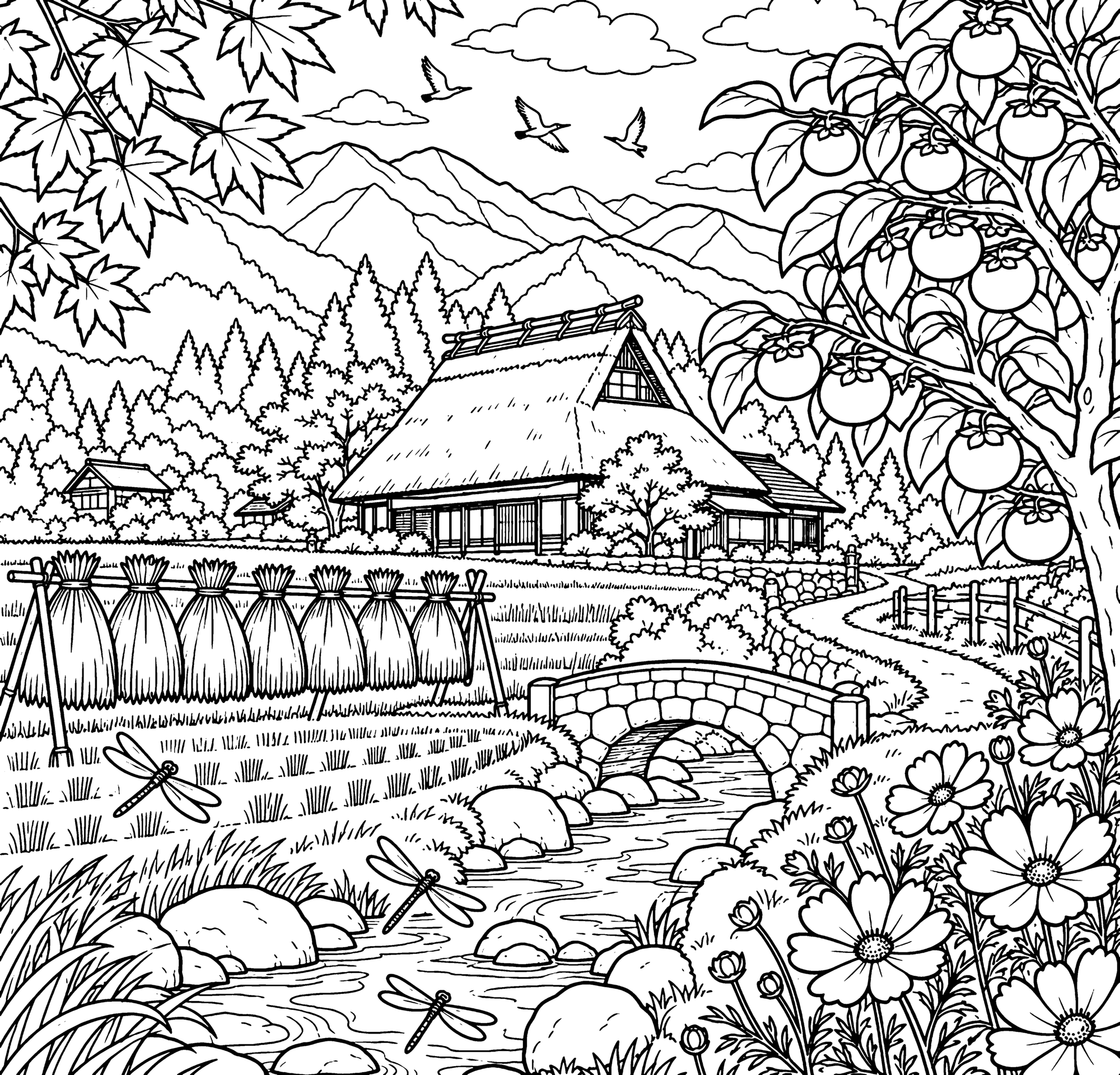 秋の山里 塗り絵