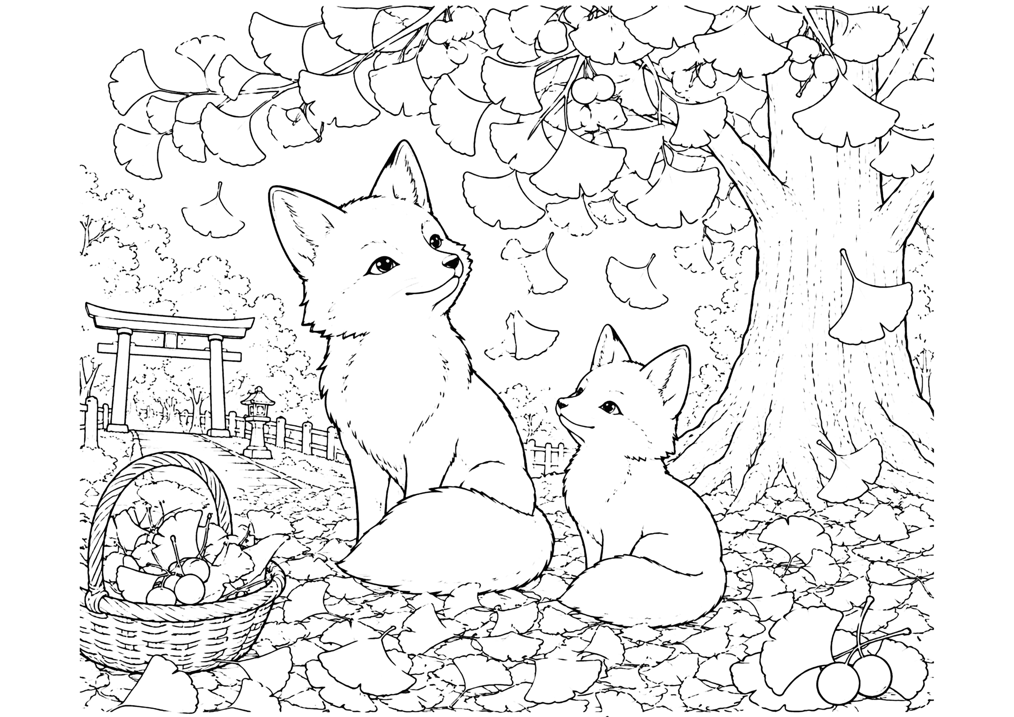いちょうと狐 塗り絵