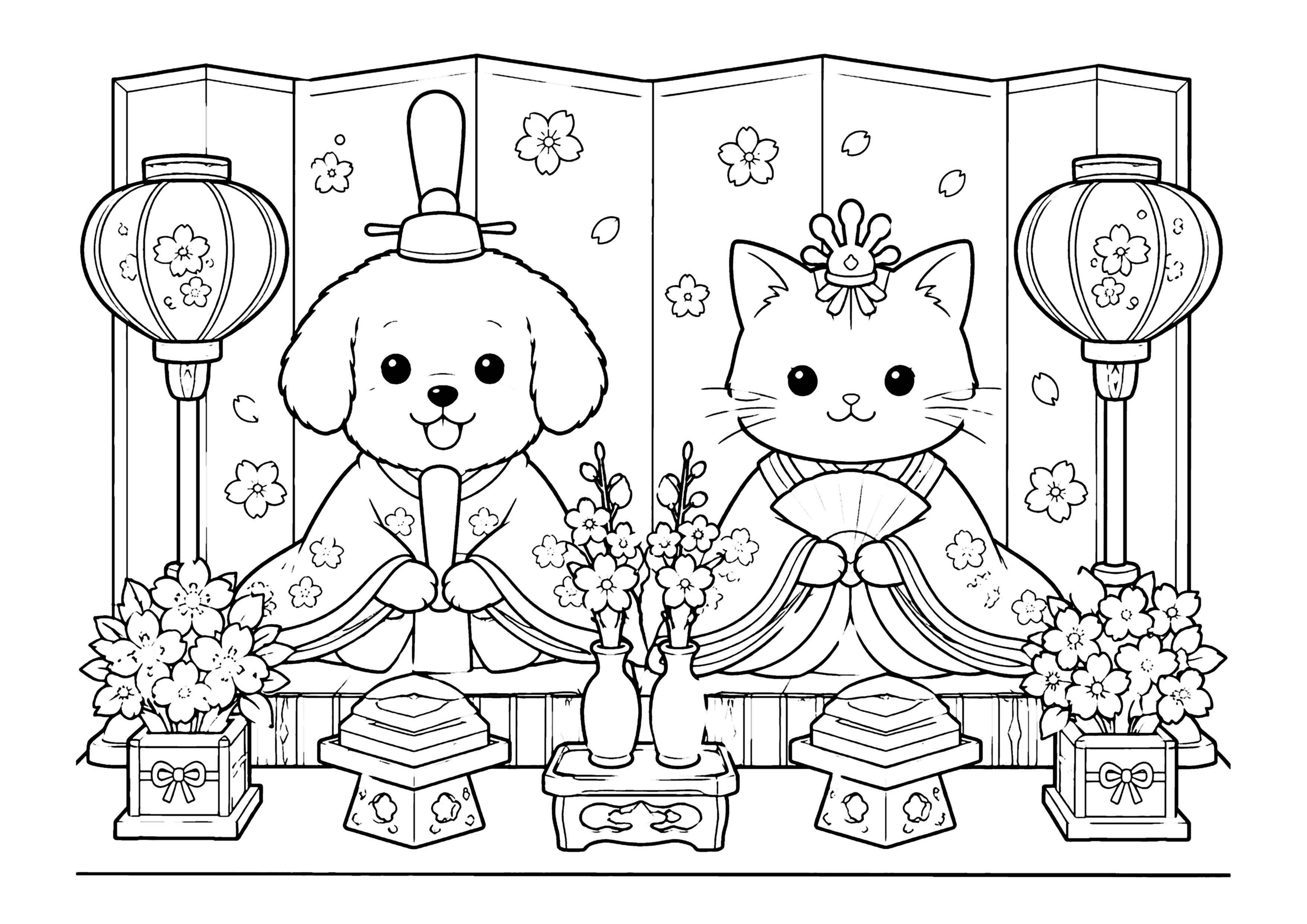 犬と猫のひなまつり 塗り絵