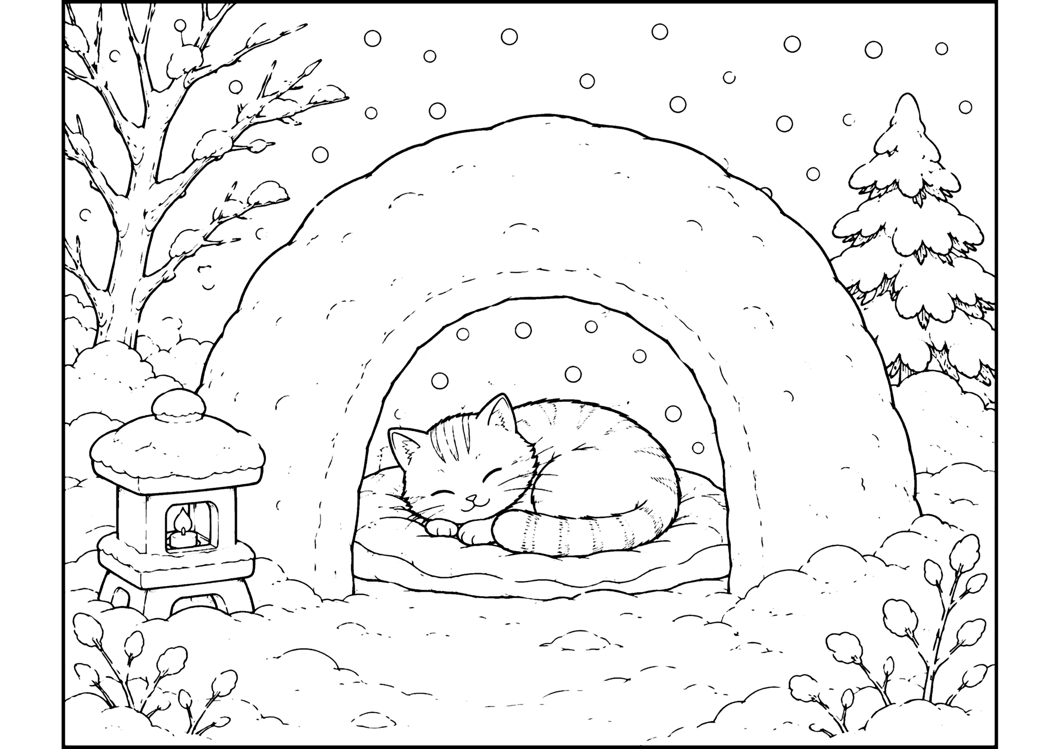 かまくらの中の猫 塗り絵