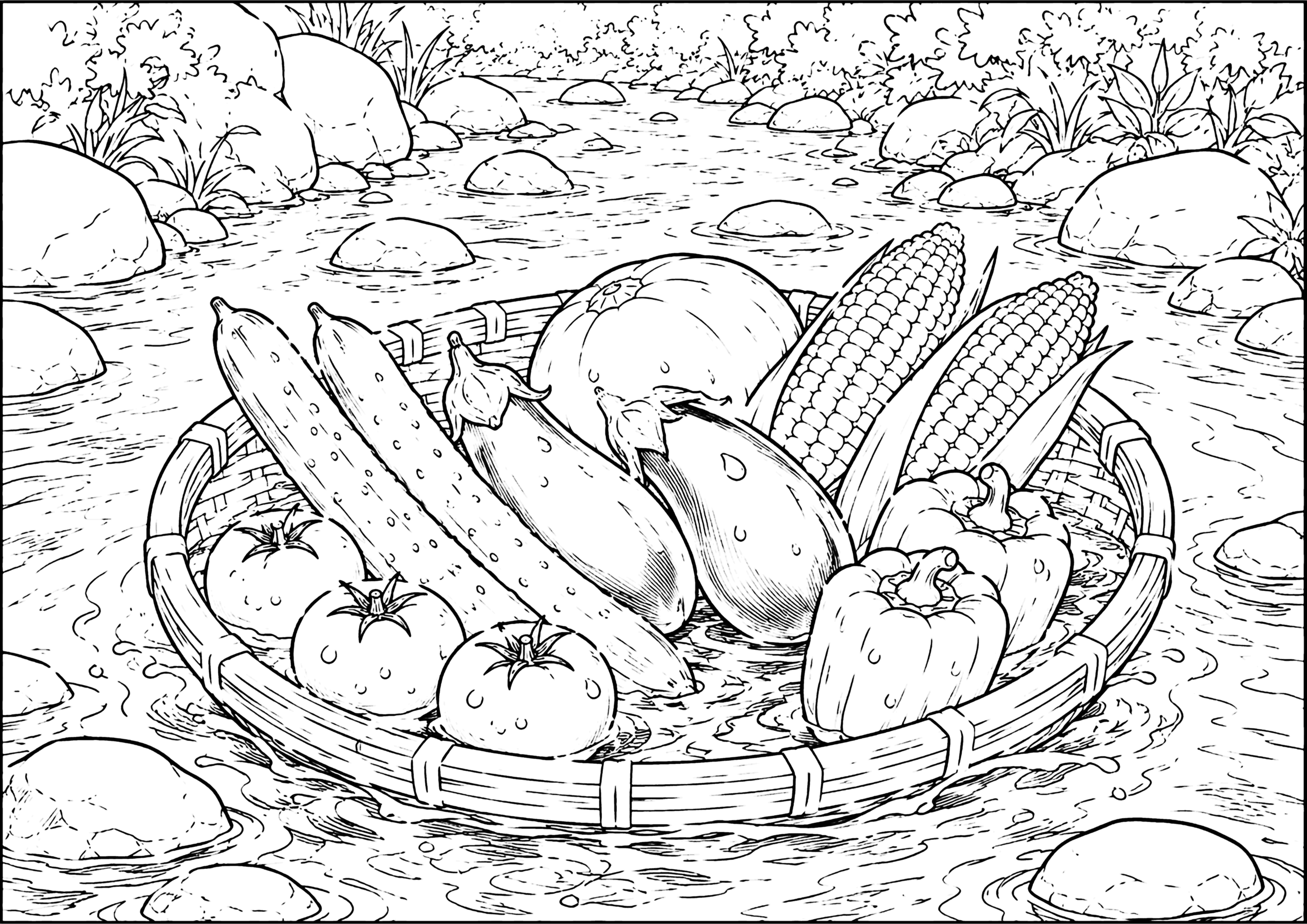 川で冷やした夏野菜 塗り絵