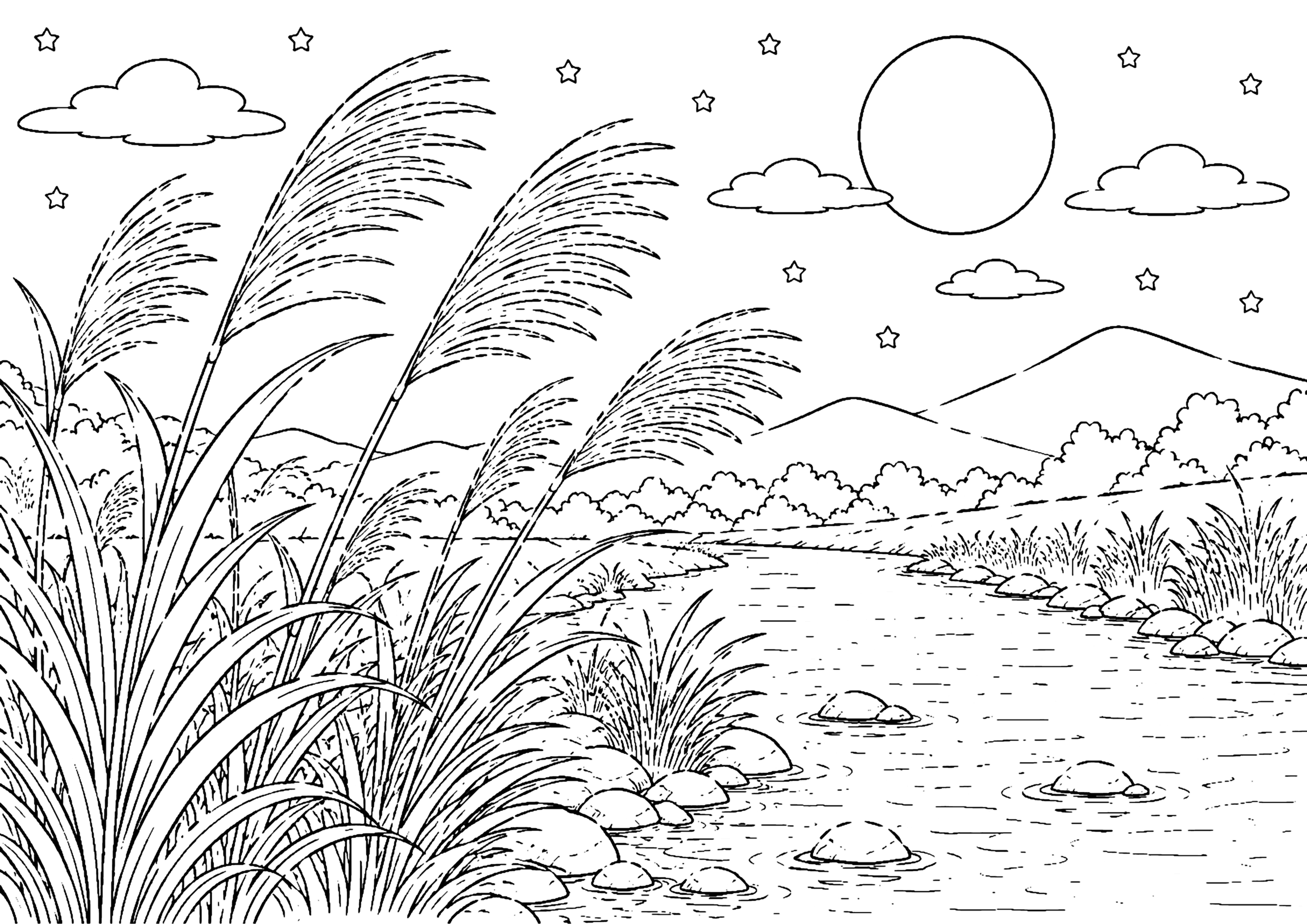川辺のすすき 塗り絵
