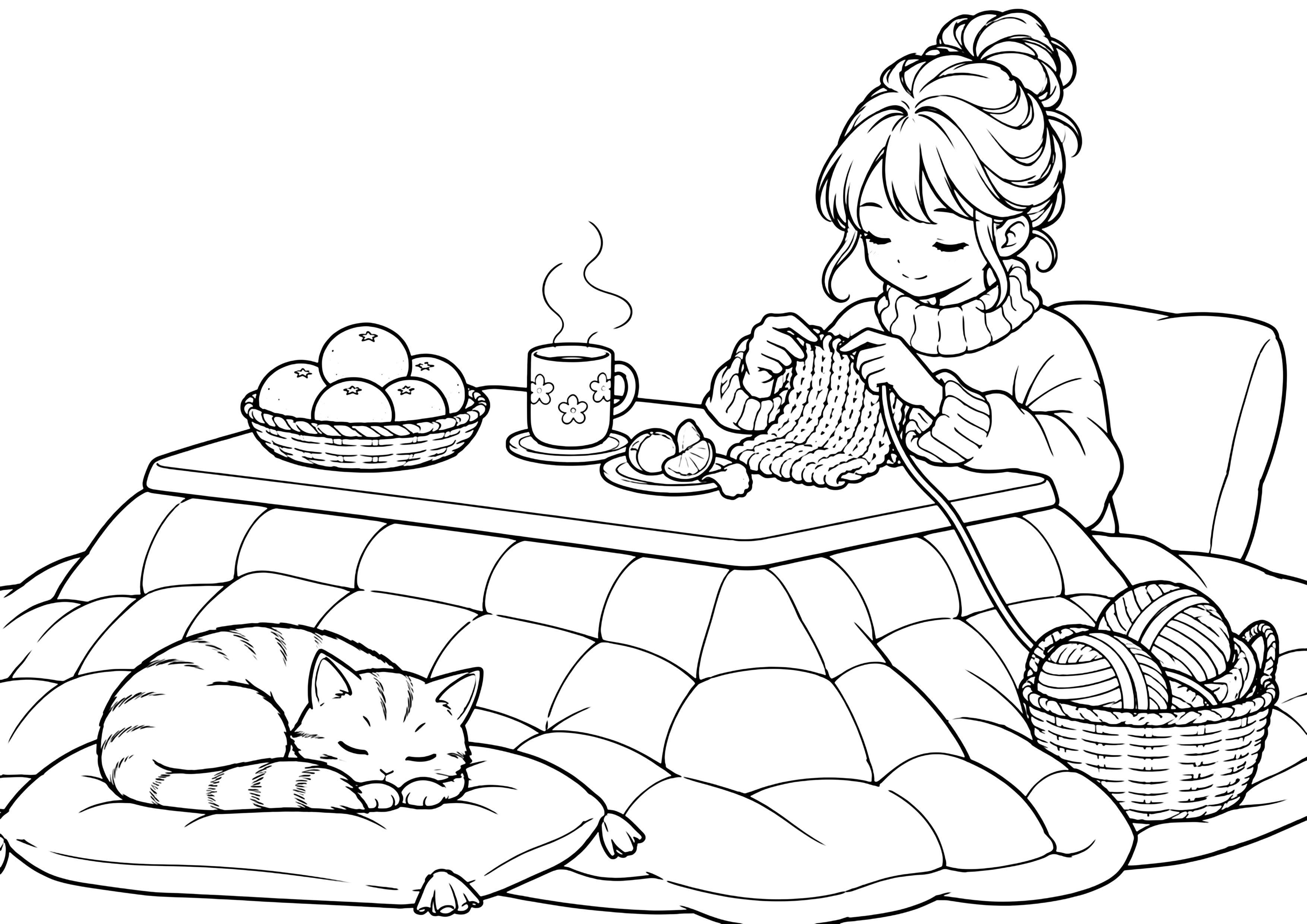 こたつで編み物 塗り絵