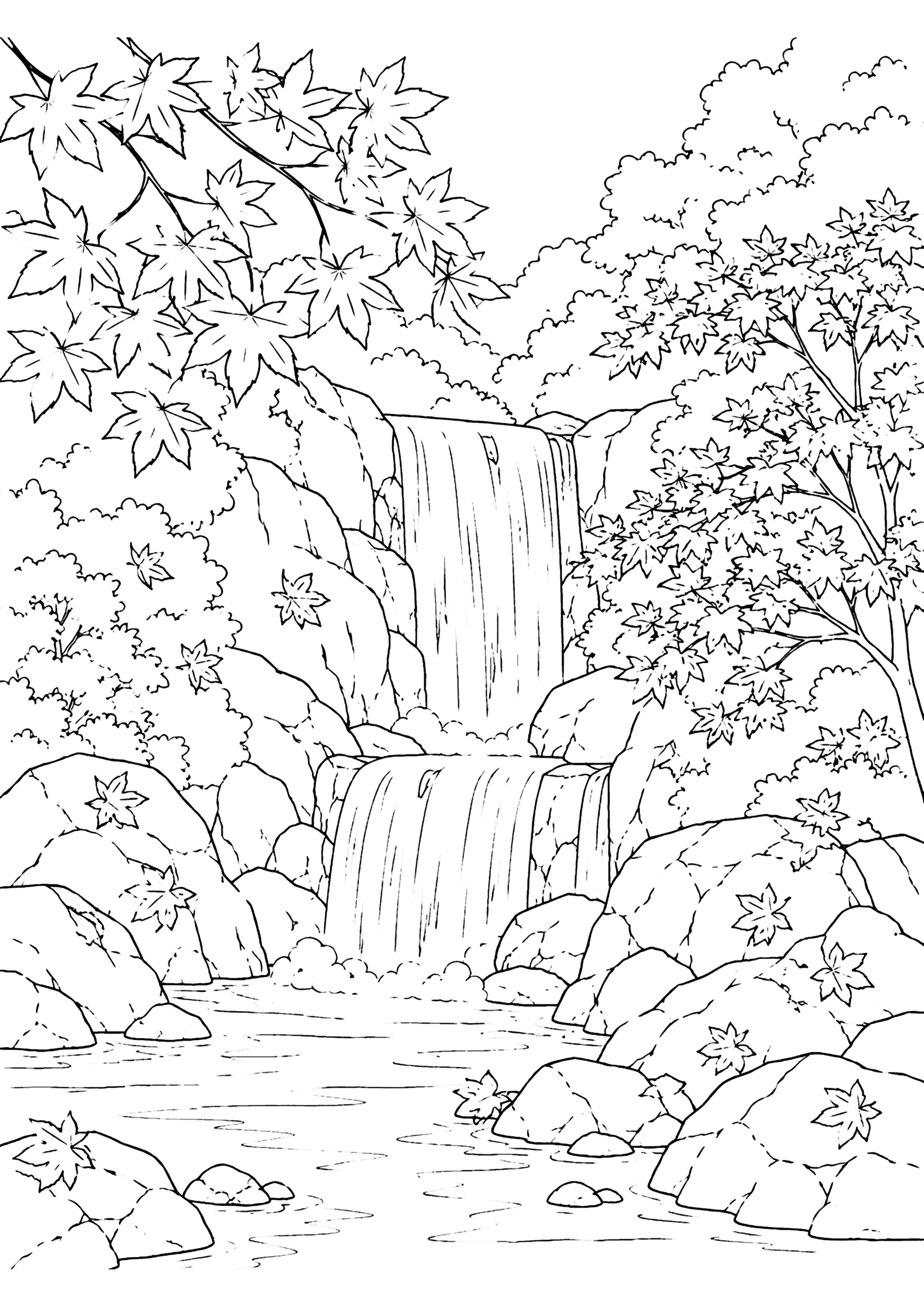紅葉と滝 塗り絵