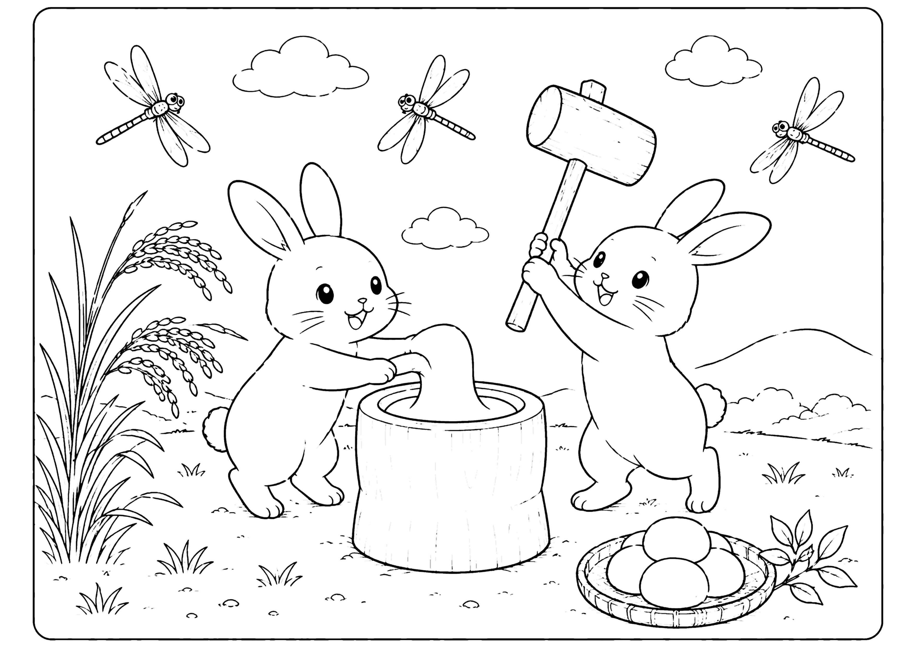 餅つくうさぎ 塗り絵
