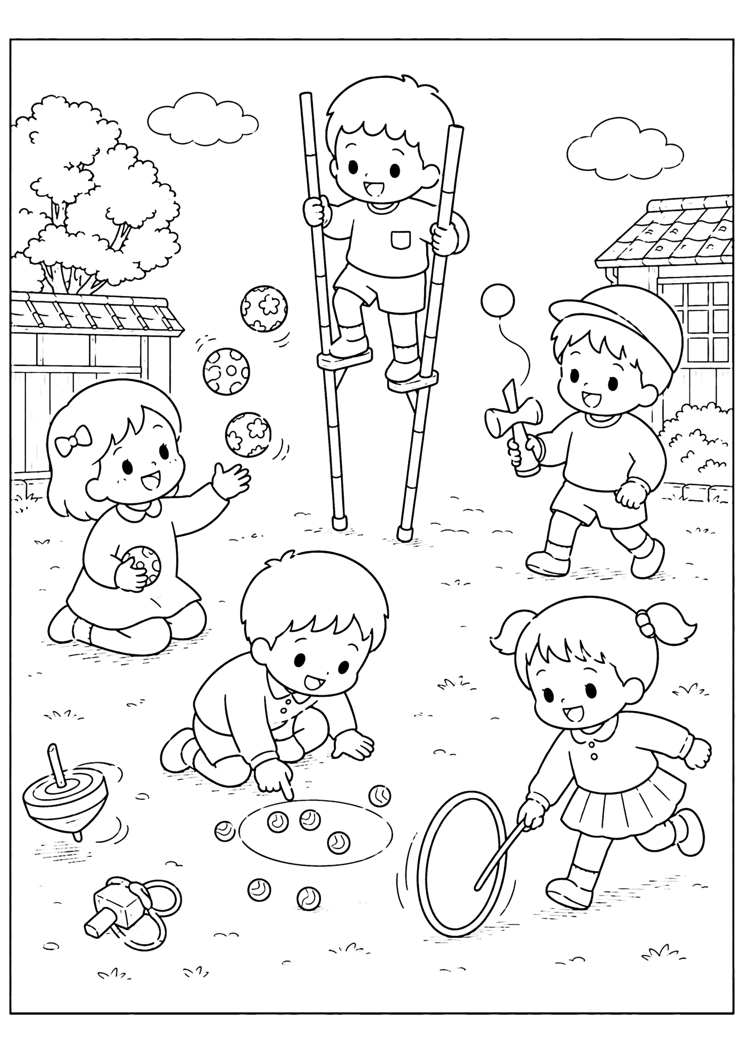 昔の遊び 塗り絵