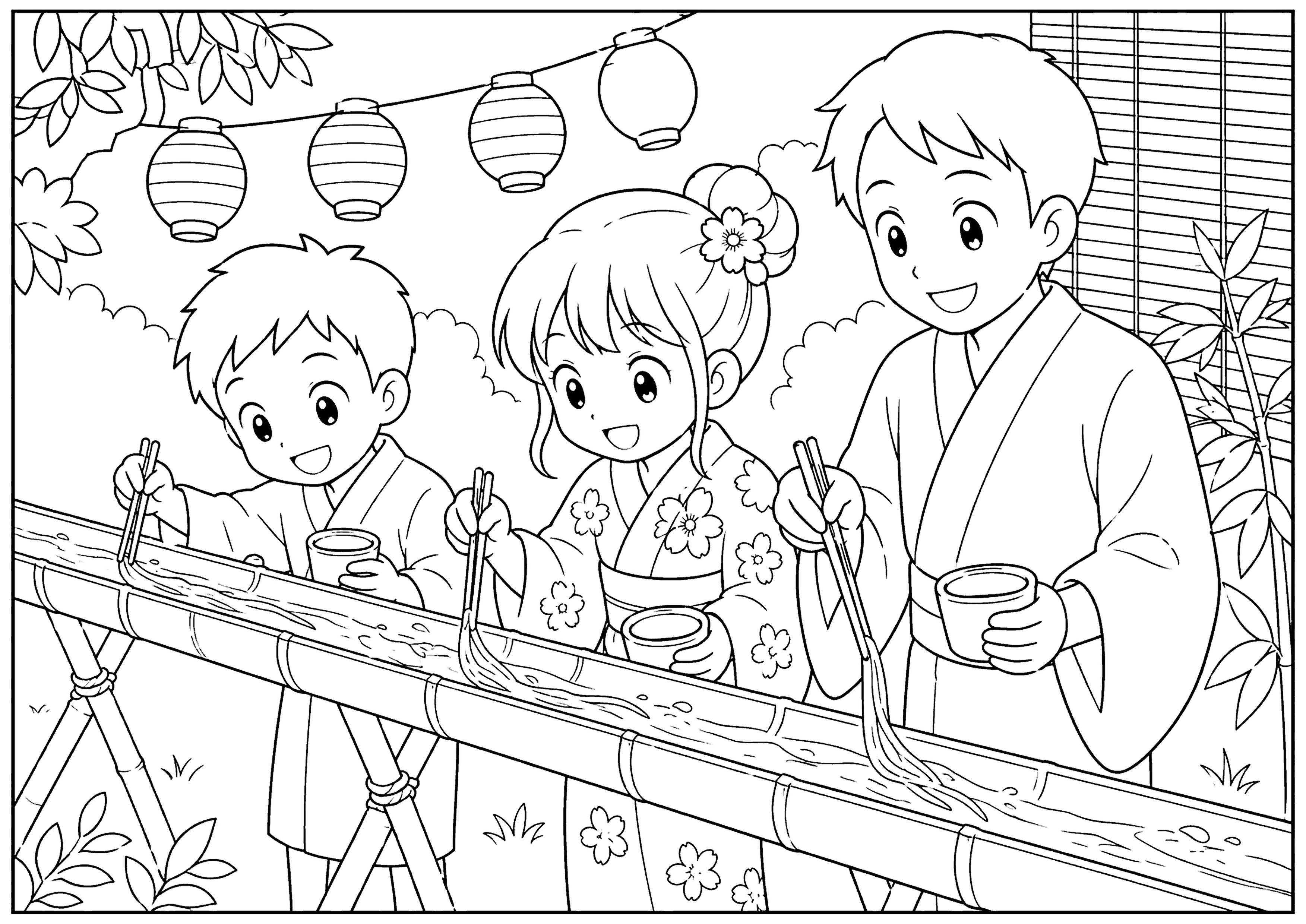 流しそうめん 塗り絵