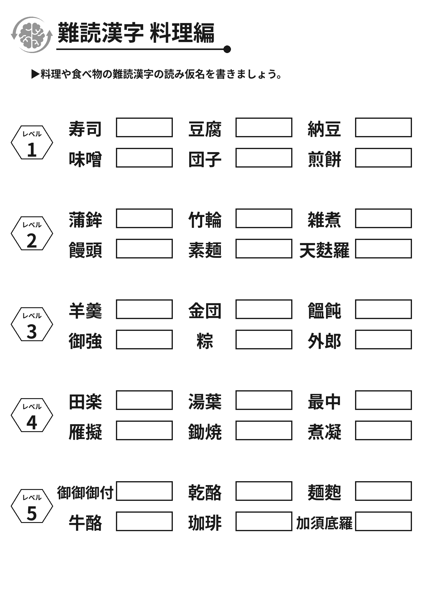 難読漢字 料理編 脳トレプリント