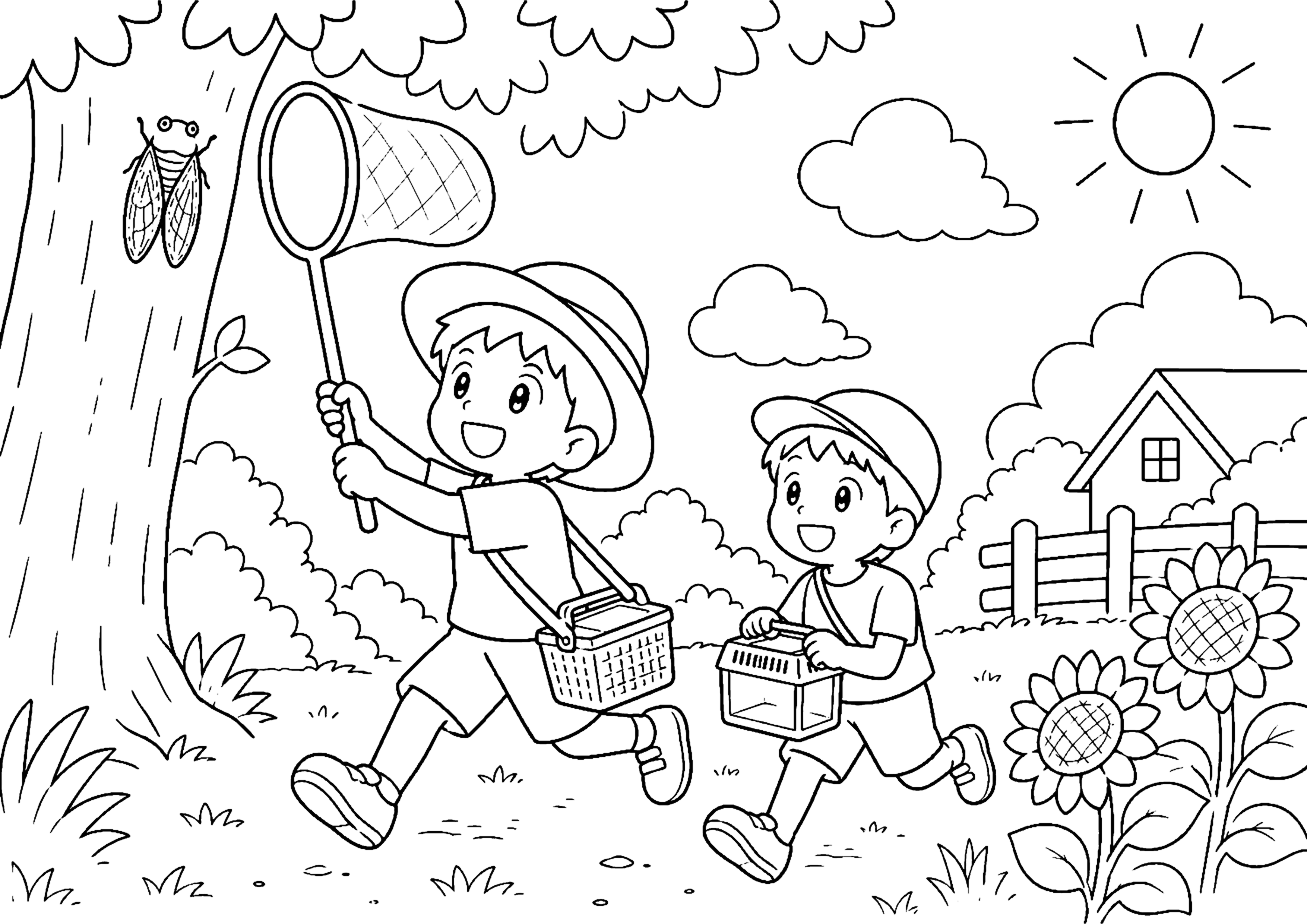 蝉取り 塗り絵