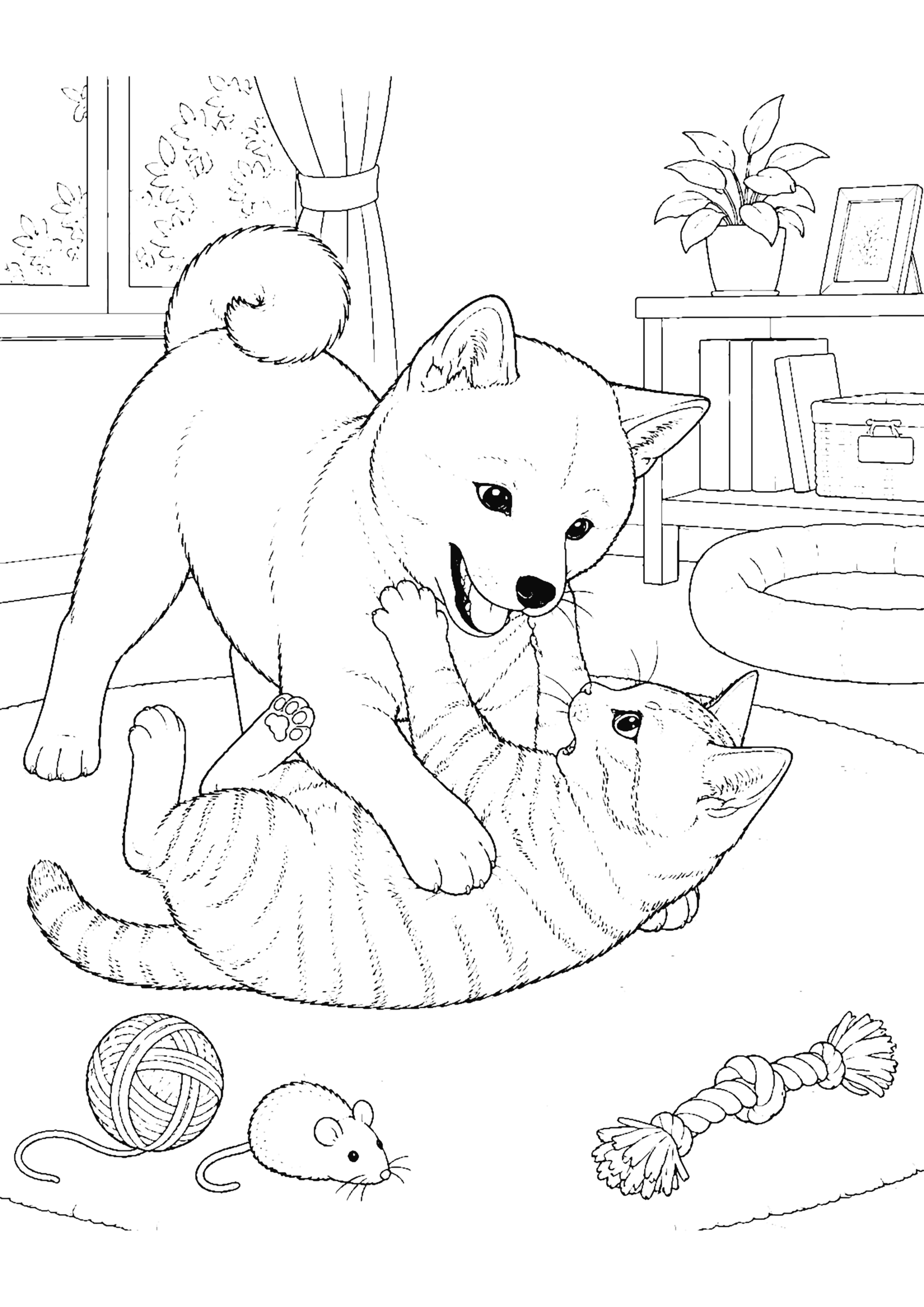 しば犬と猫 塗り絵
