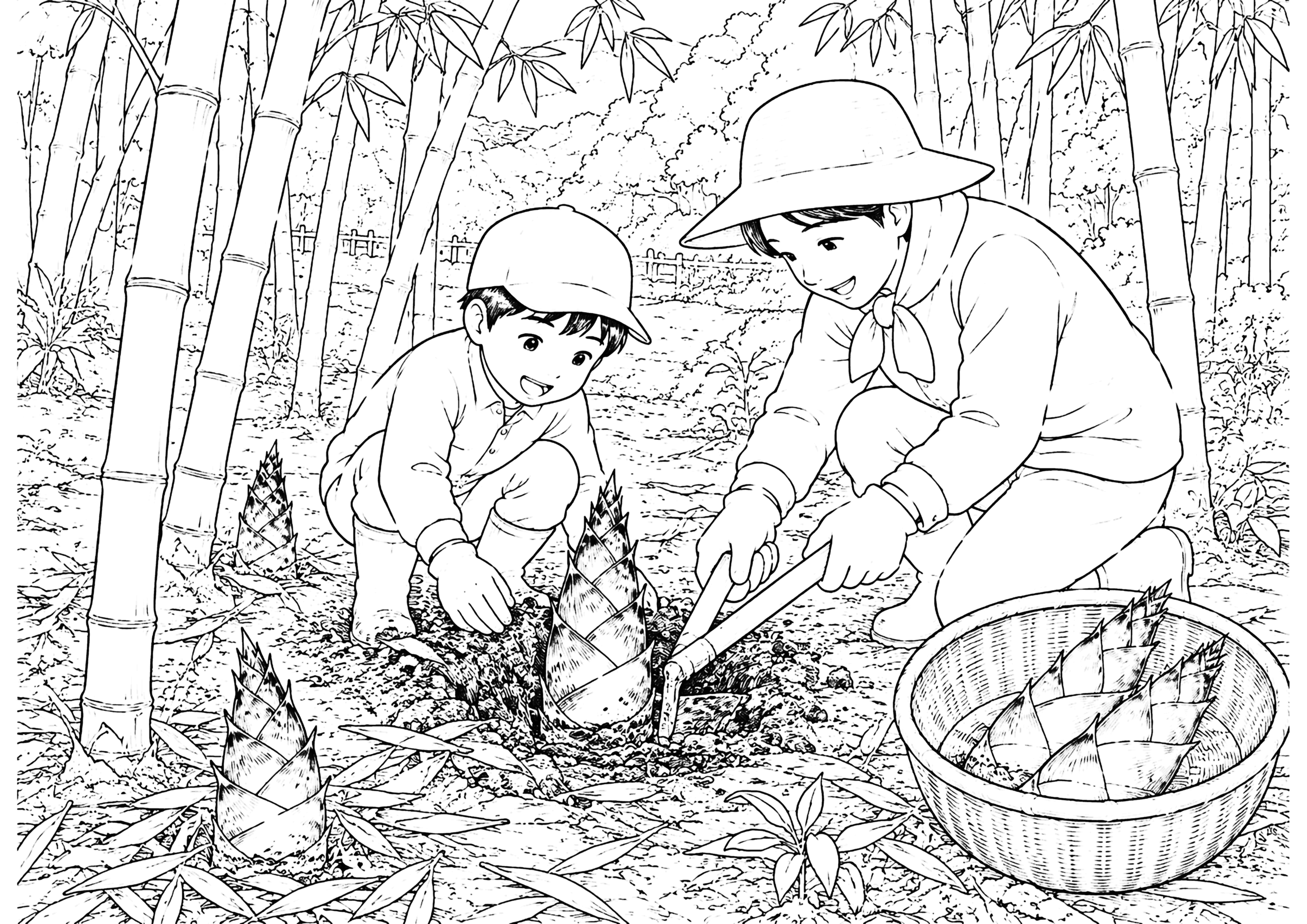 たけのこ掘り 塗り絵