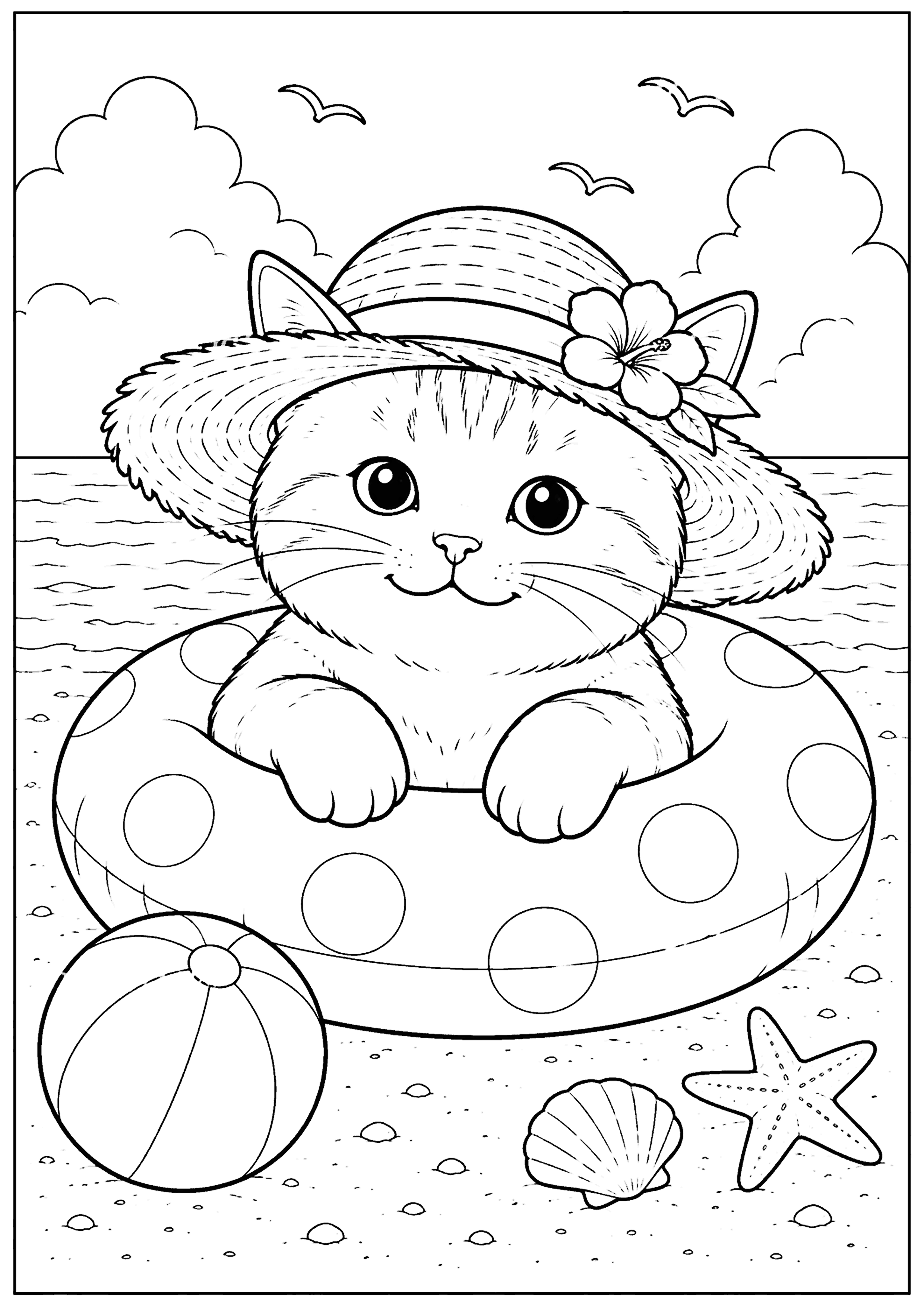 浮き輪の子猫 塗り絵