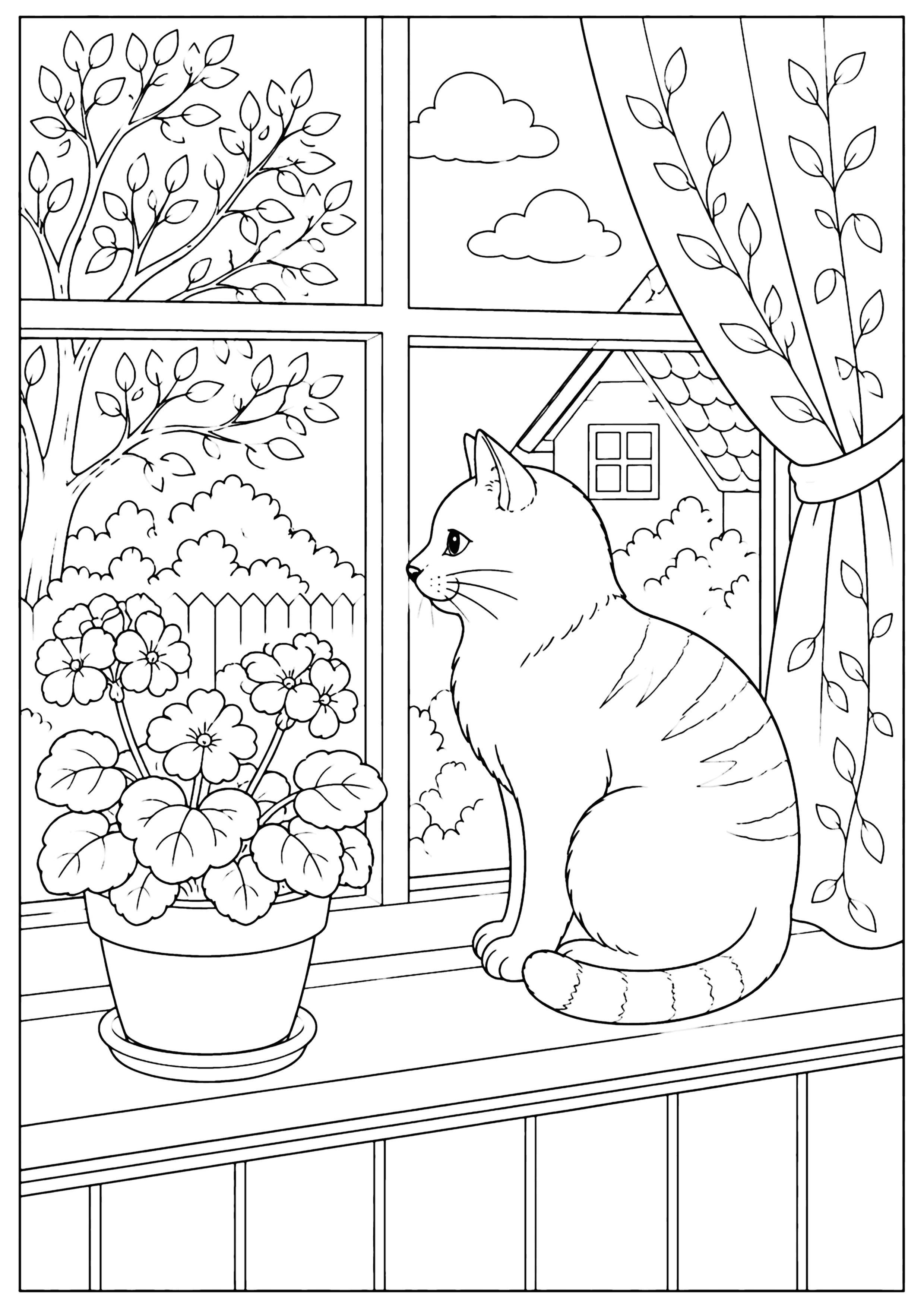 窓際の猫 塗り絵