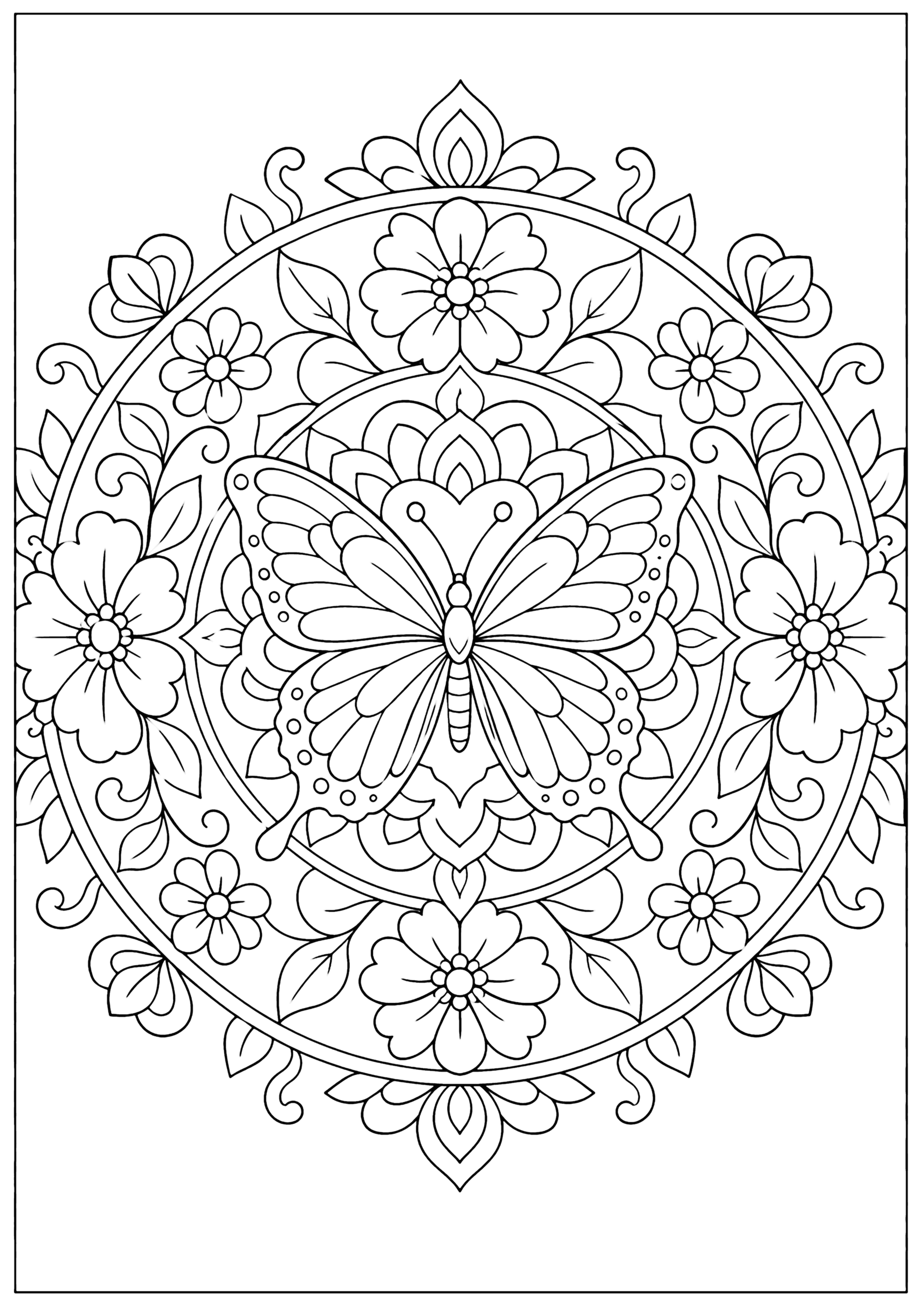 蝶と花の曼荼羅 塗り絵