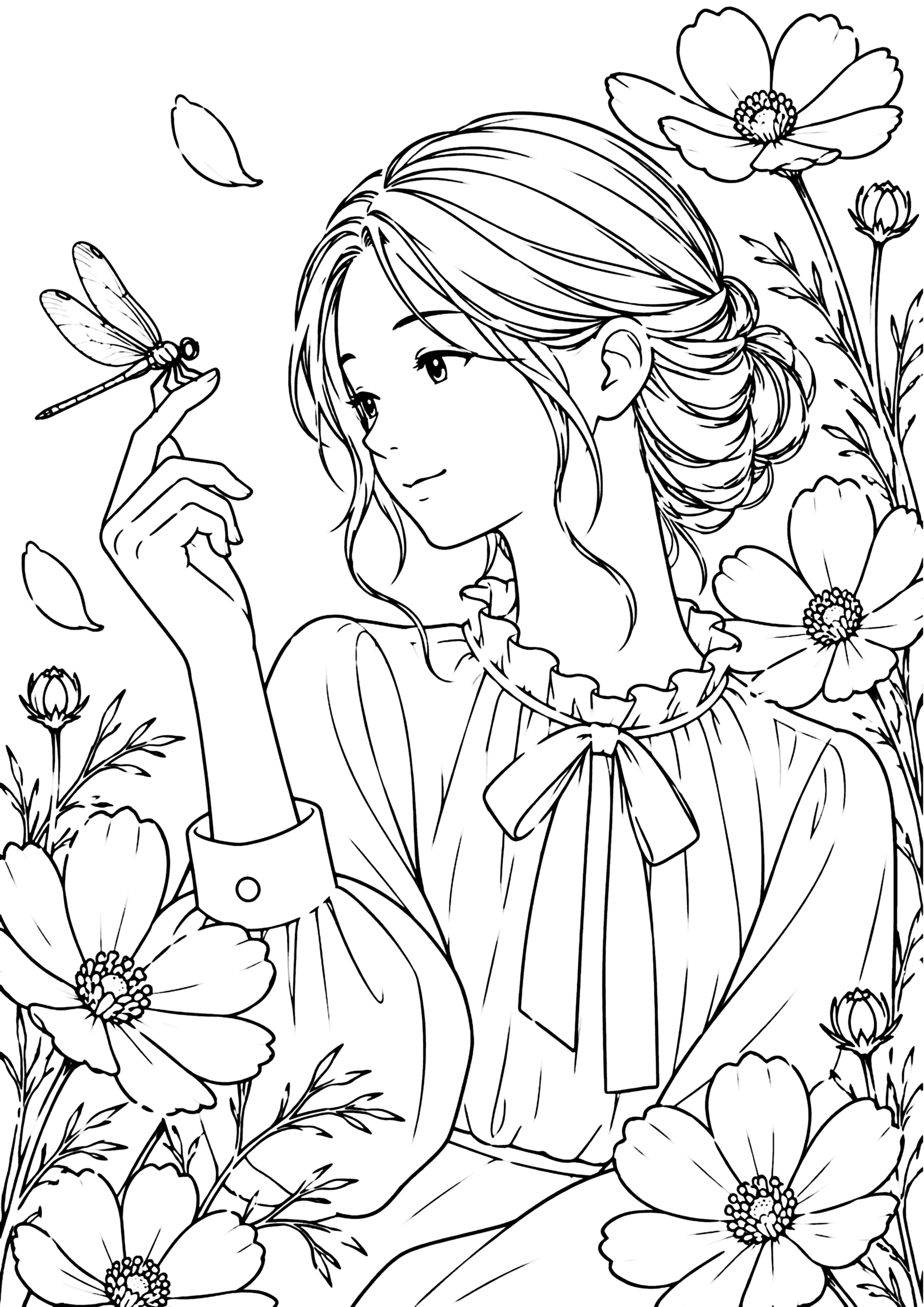 コスモスと女性 塗り絵