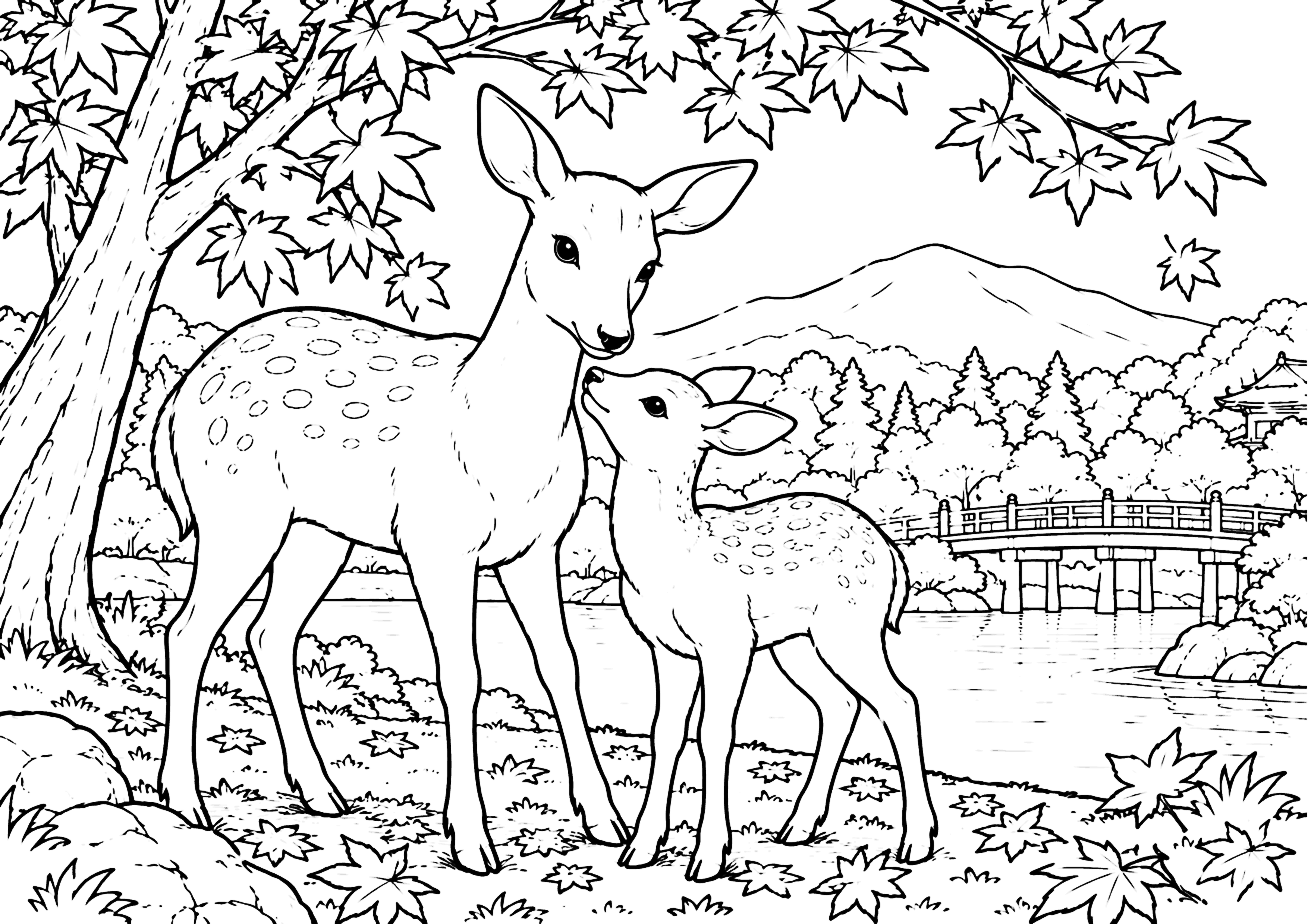 鹿と紅葉 塗り絵