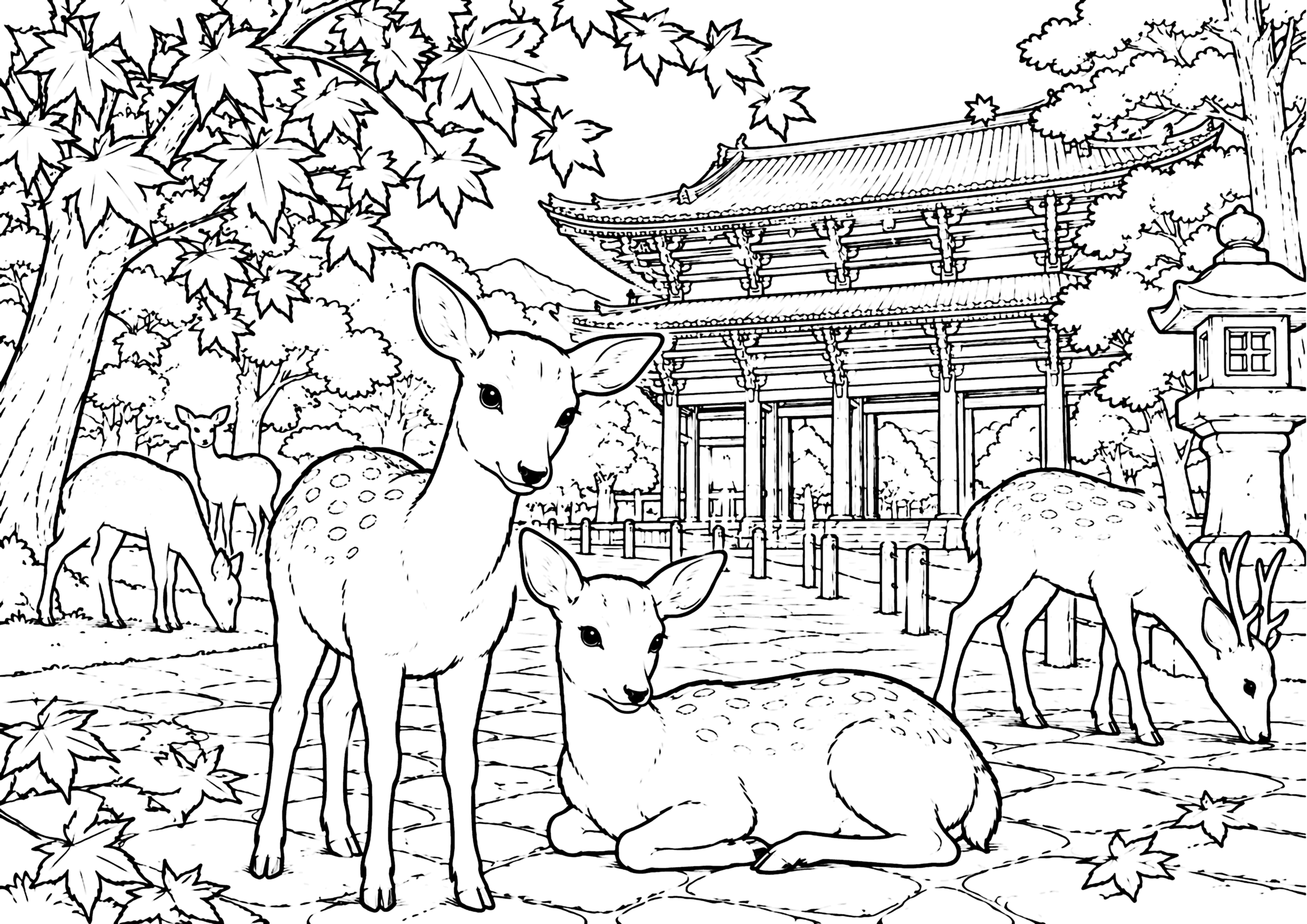 鹿と紅葉 塗り絵