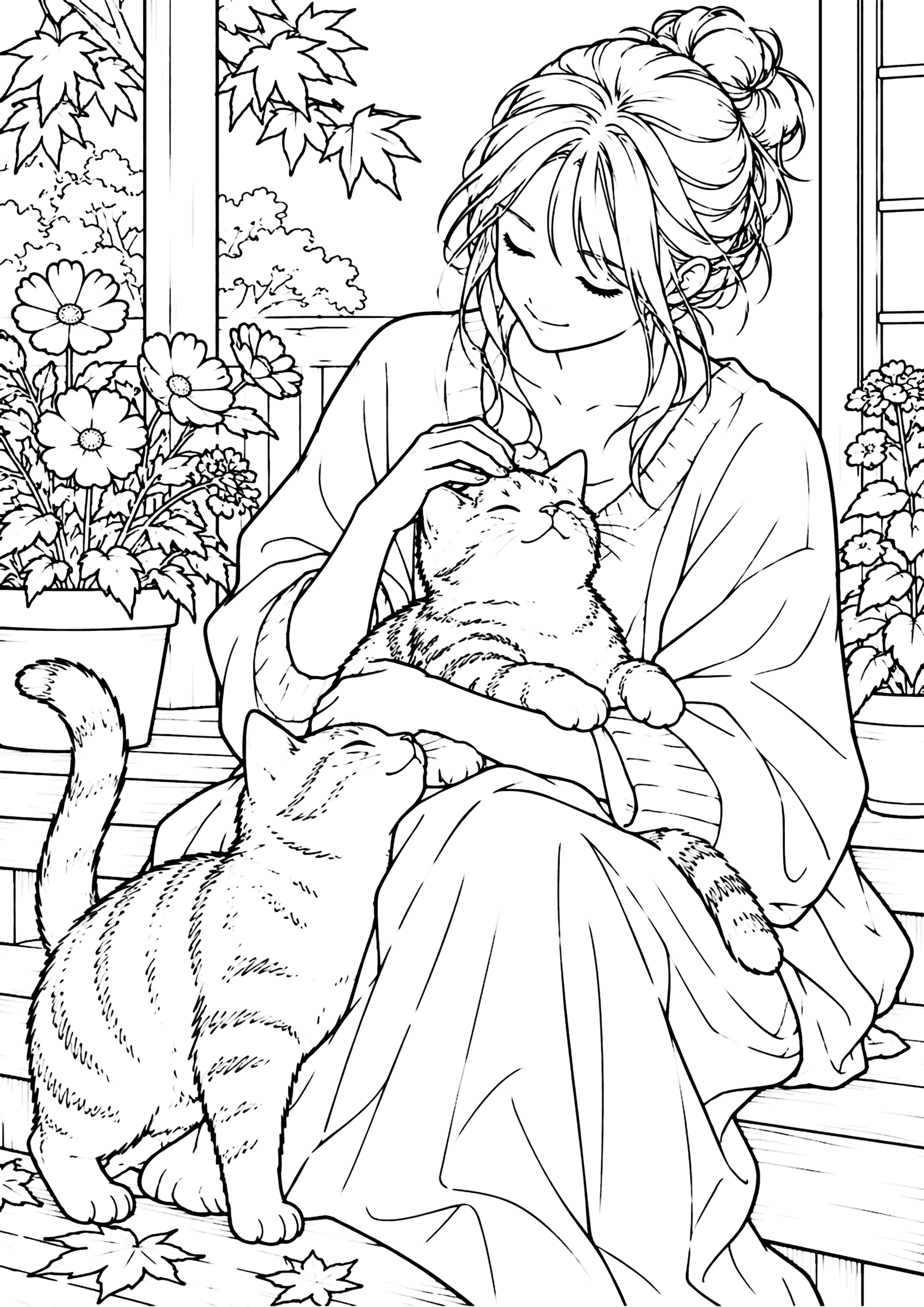 猫と女性 塗り絵