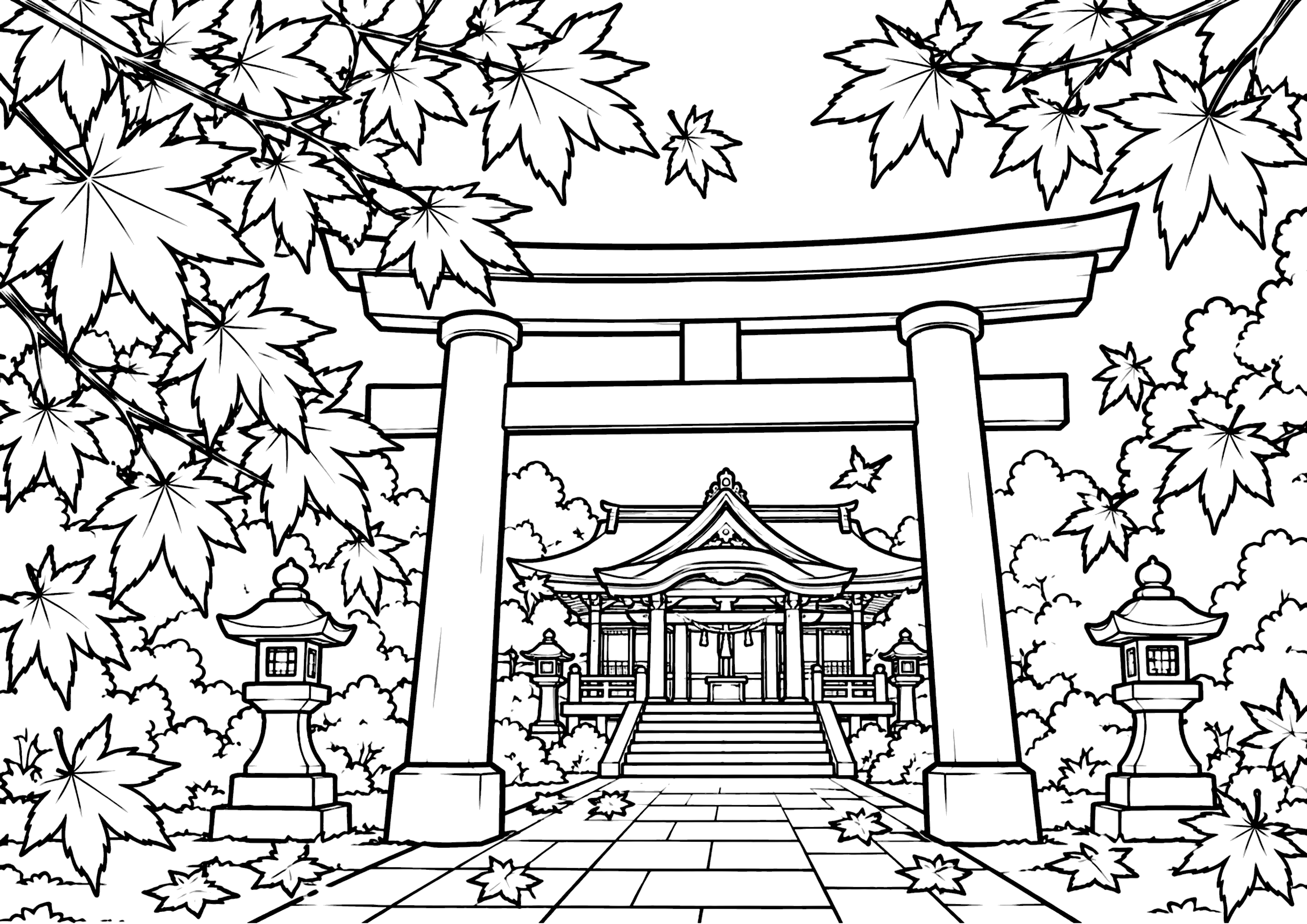 鳥居と紅葉 塗り絵