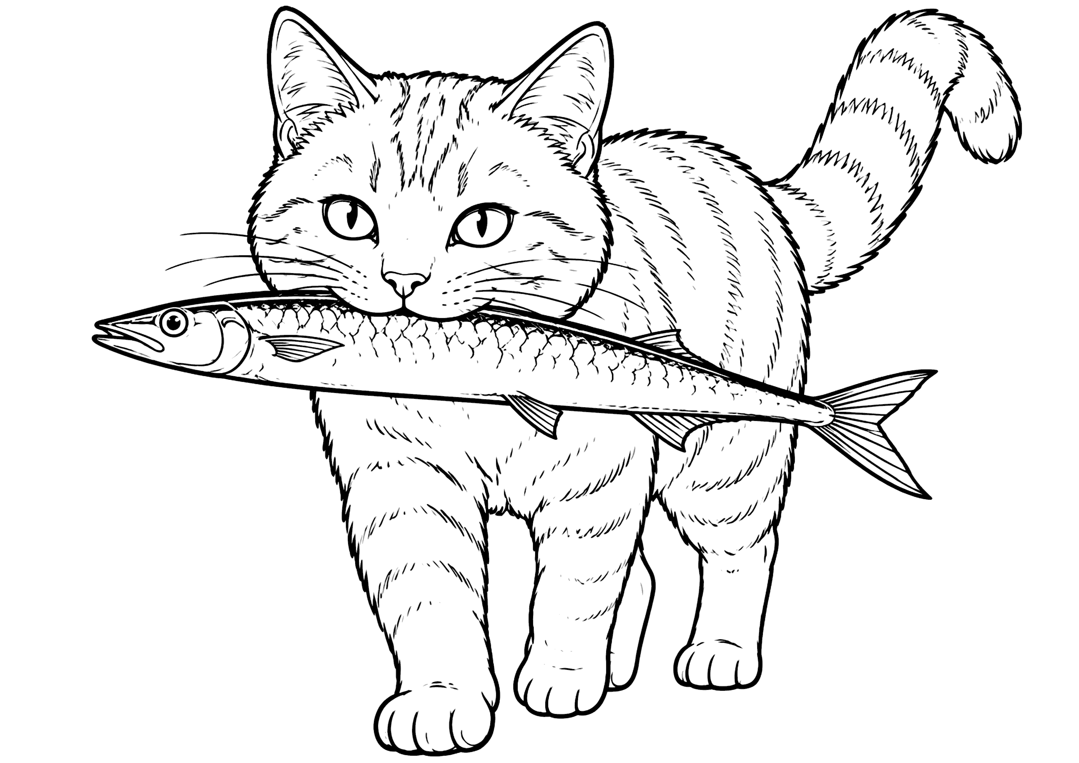 秋刀魚をくわえる猫 塗り絵