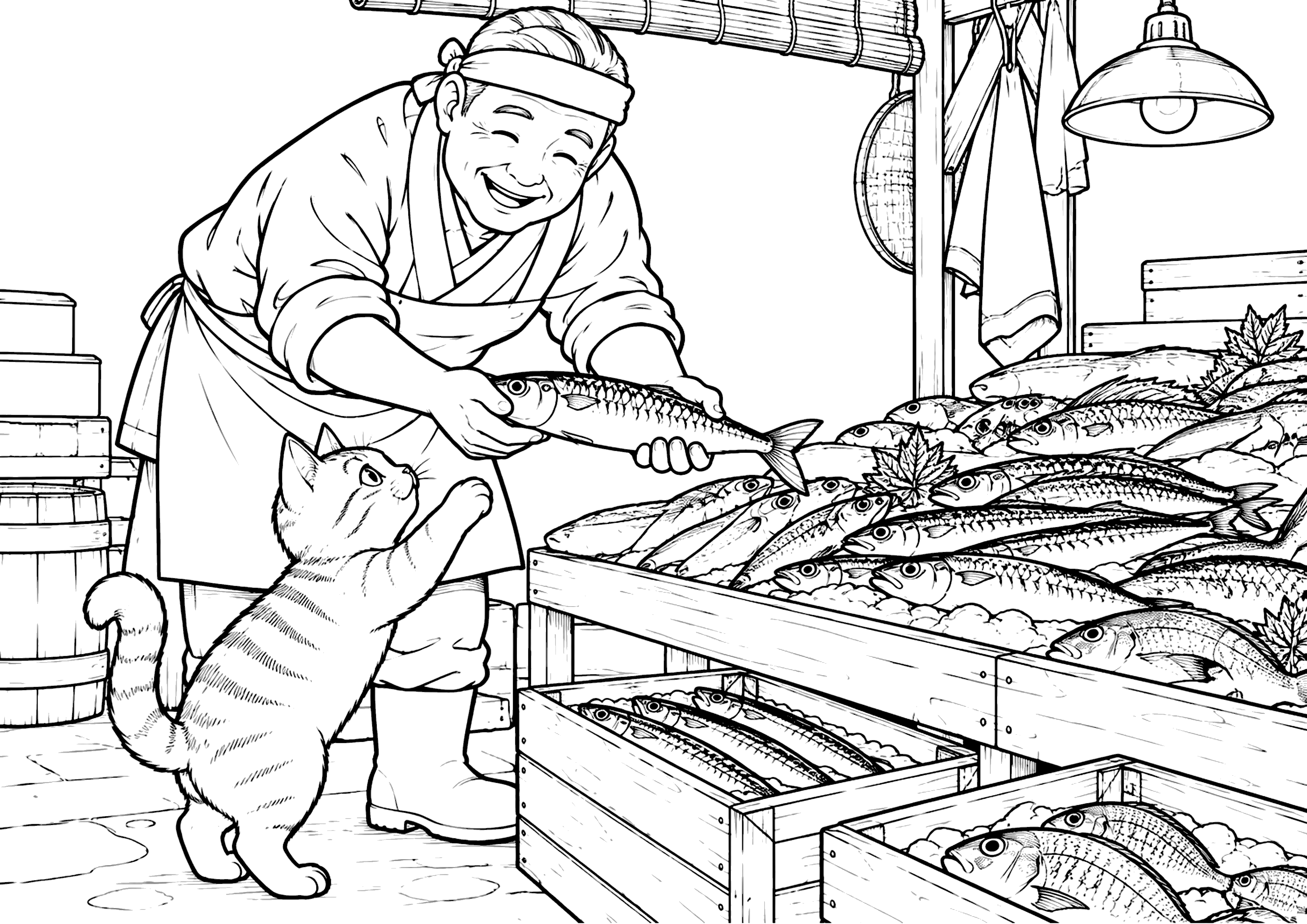 魚屋と猫 塗り絵