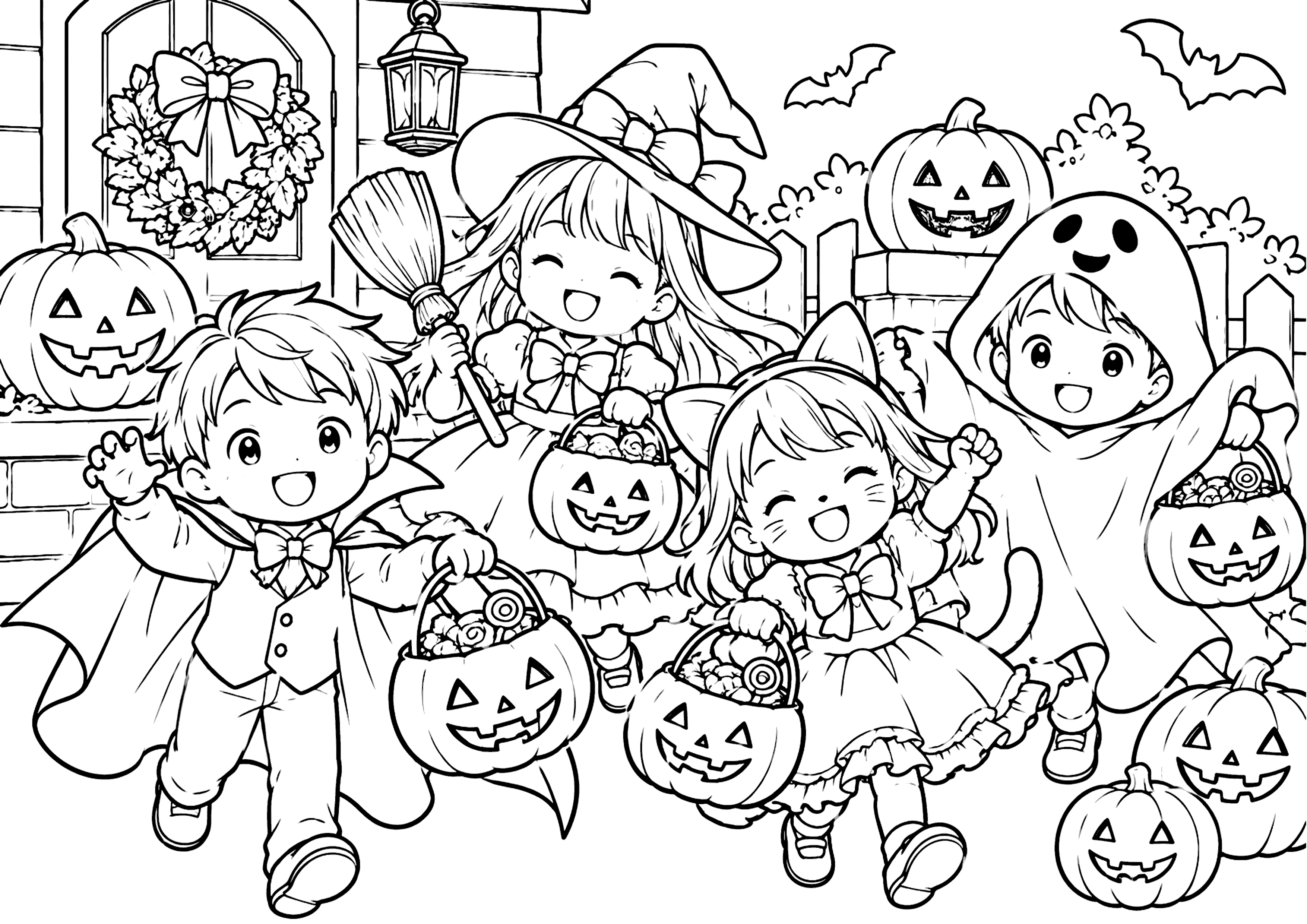 ハロウィンの子供たち 塗り絵