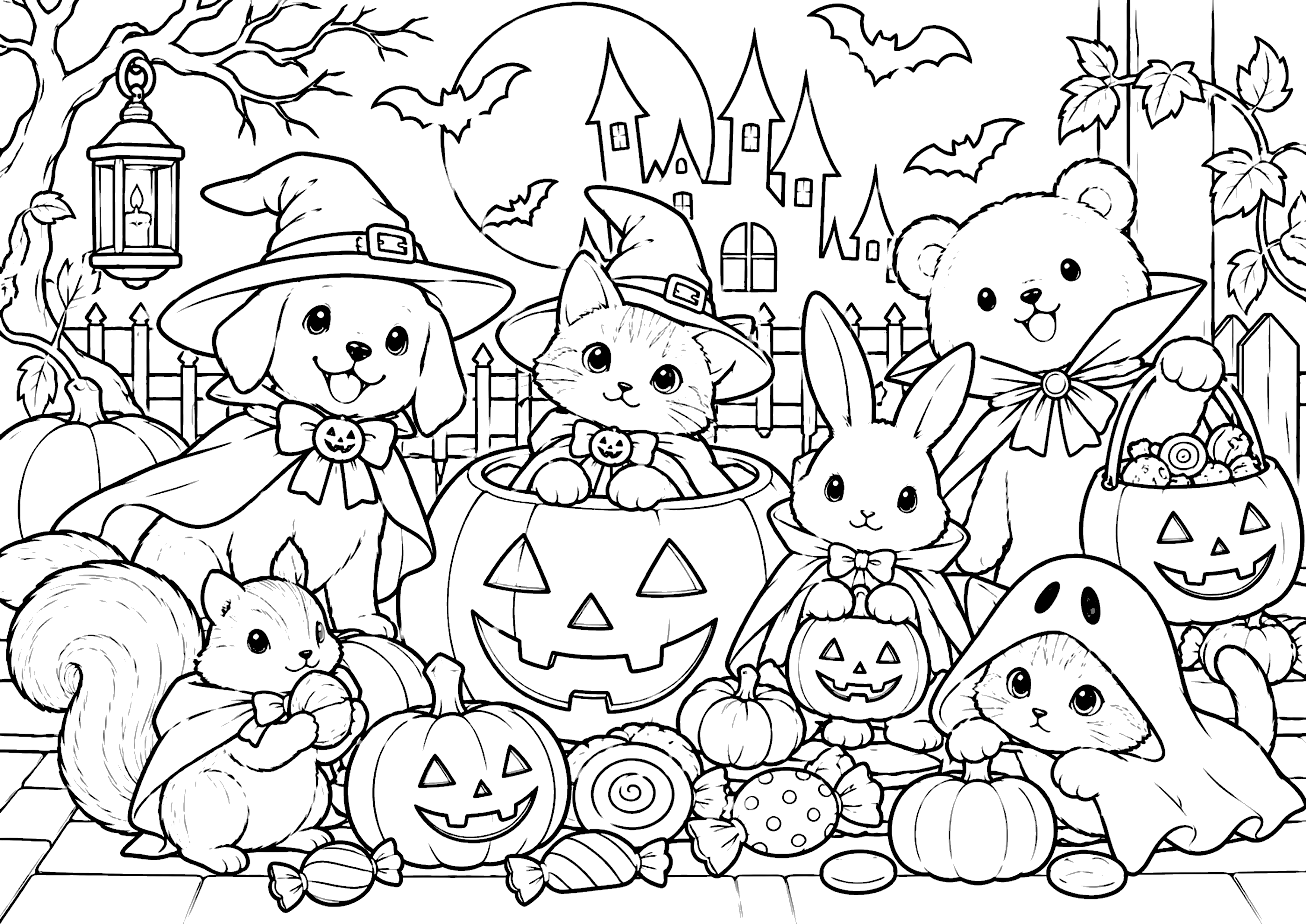 ハロウィンの動物たち 塗り絵