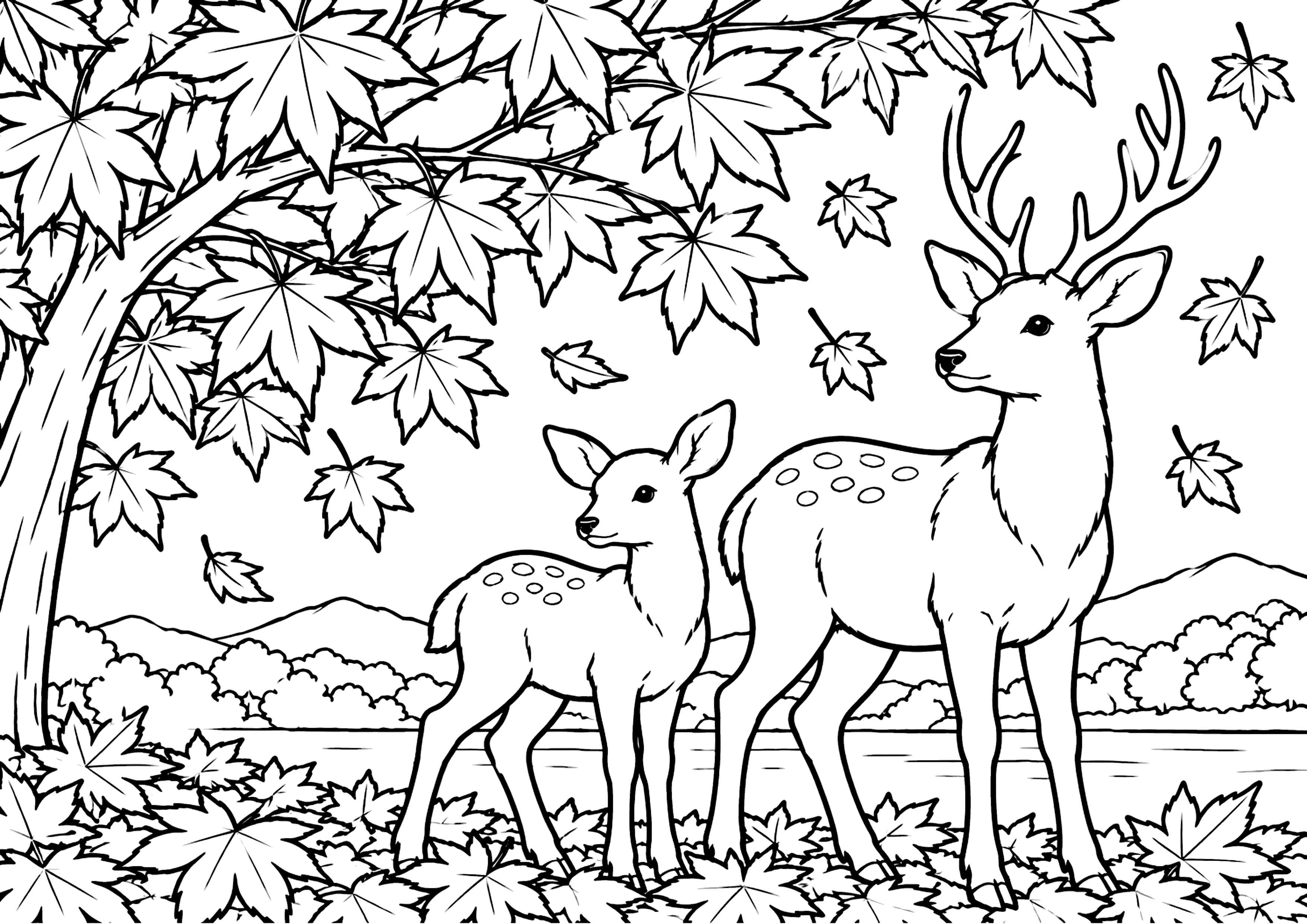 鹿と紅葉 塗り絵
