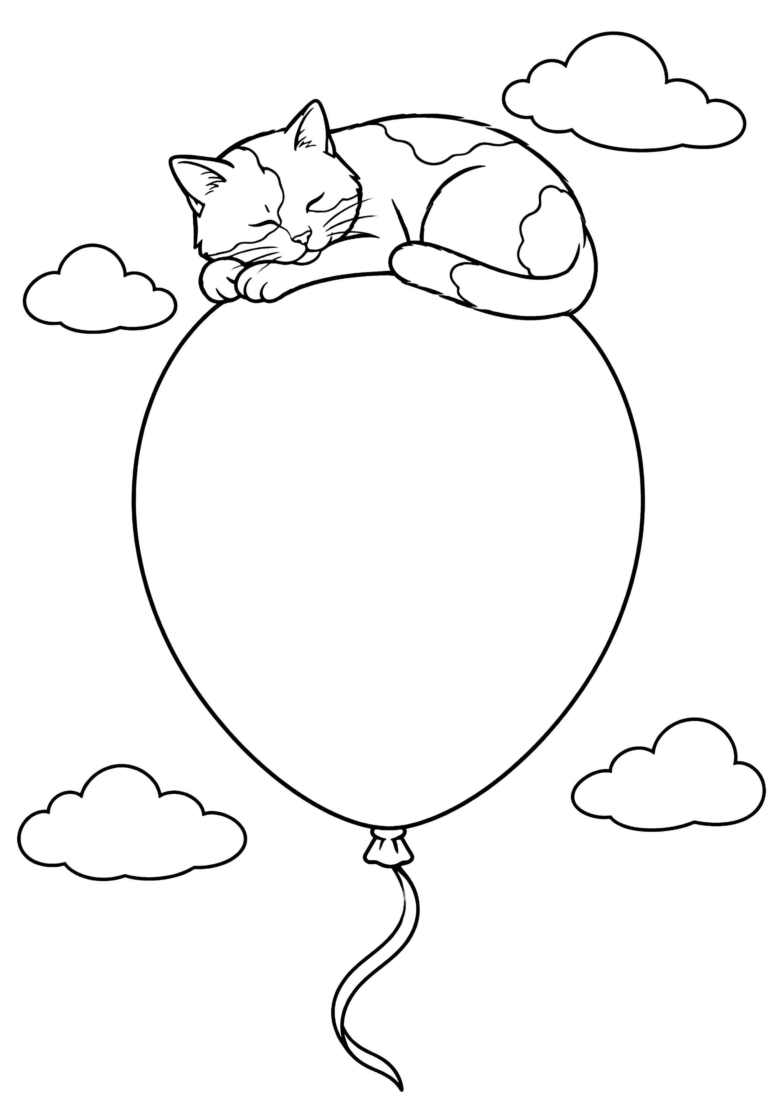 風船の上で寝る猫 塗り絵