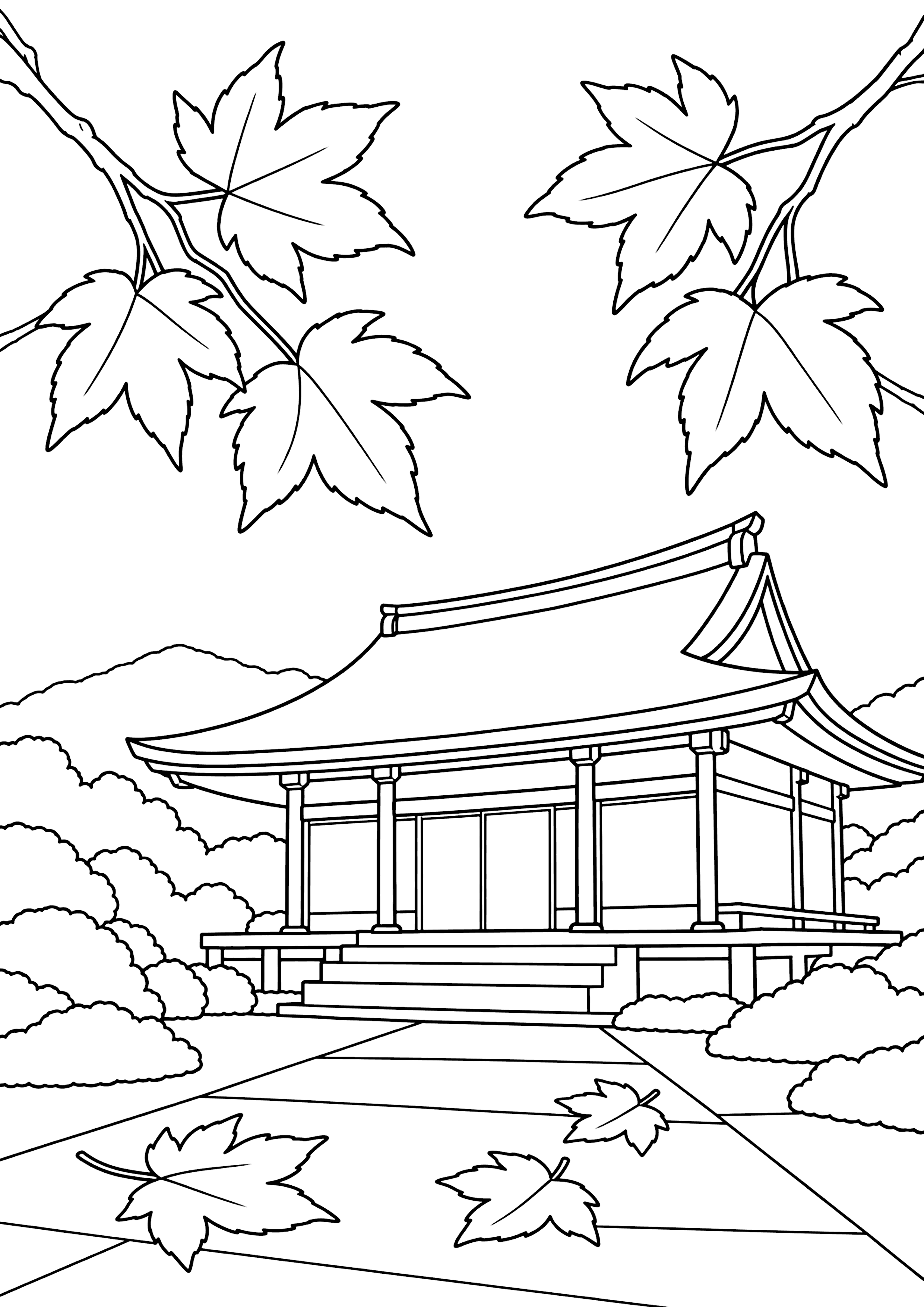 紅葉と寺 塗り絵