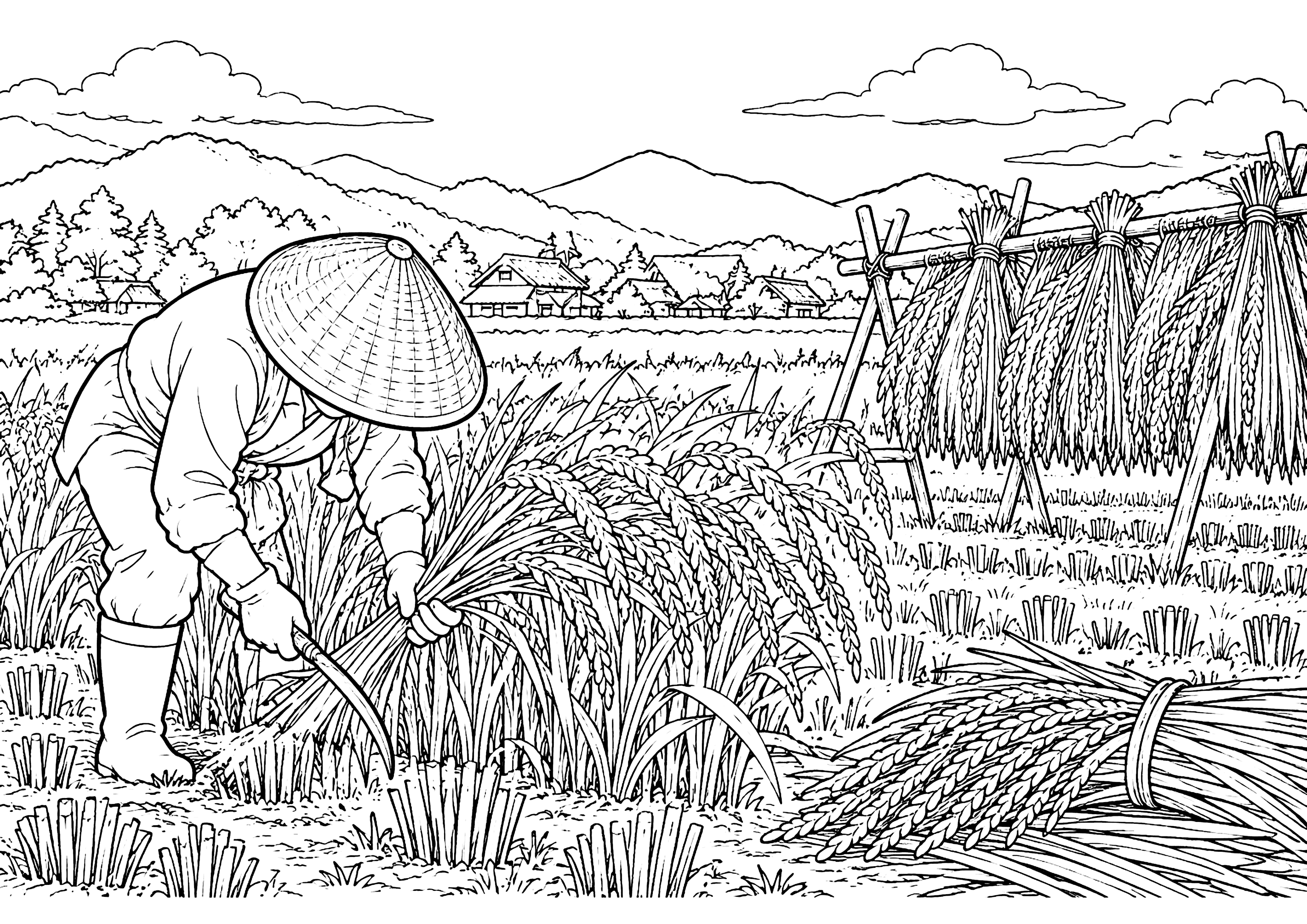 稲刈り 塗り絵
