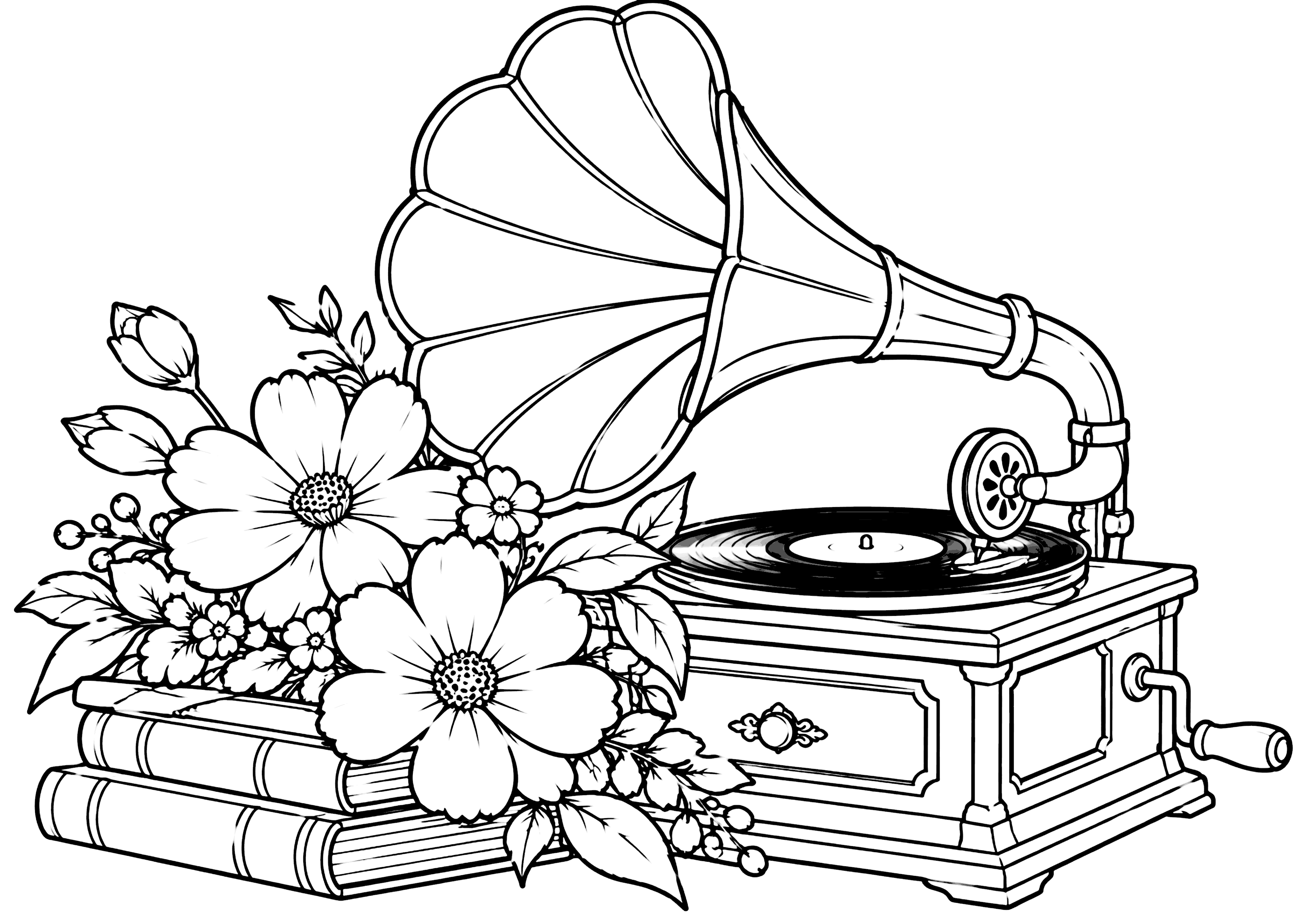 蓄音機と花 塗り絵