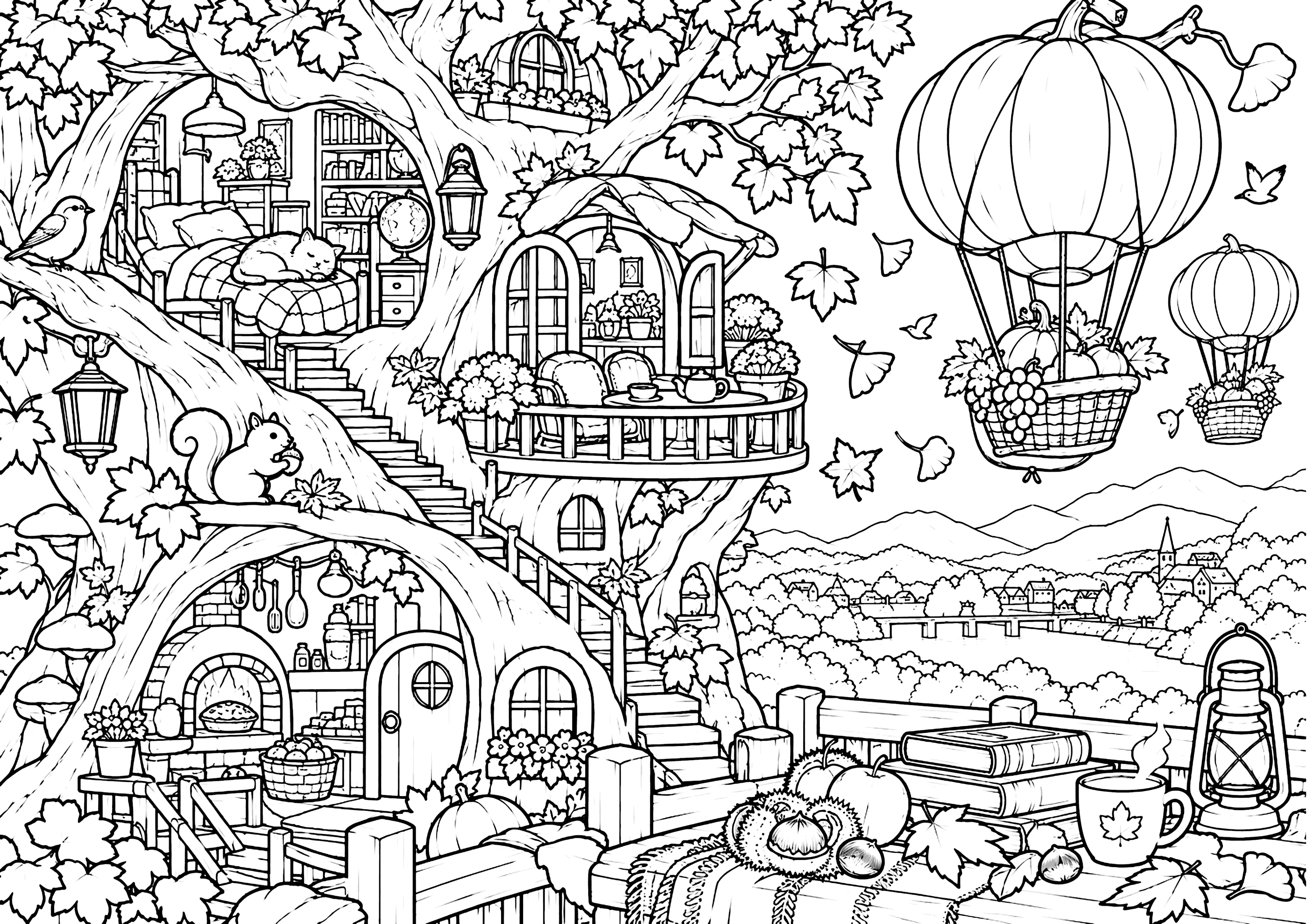 木の家と空中散歩 塗り絵
