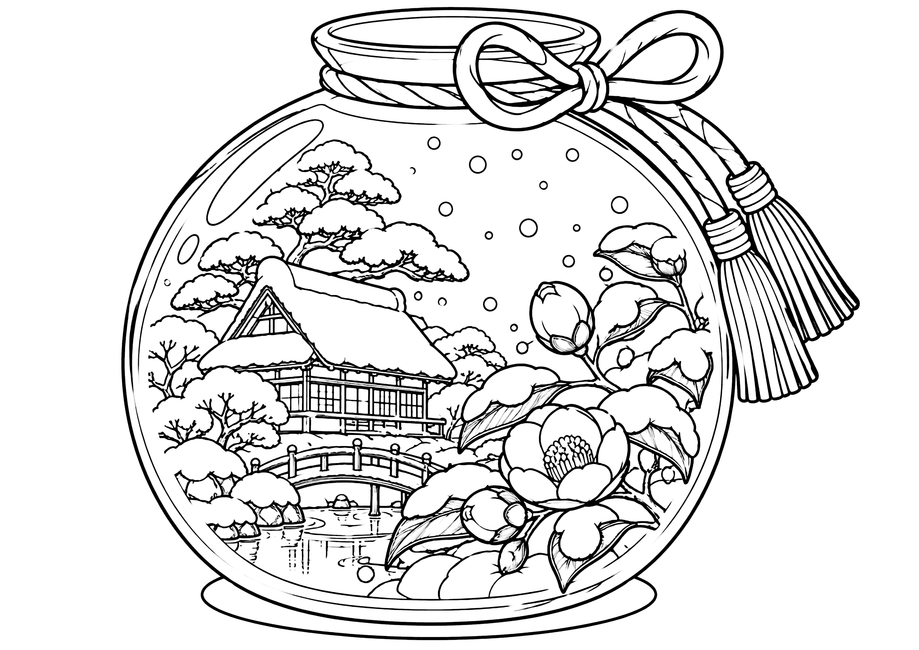 スノードームと雪景色 塗り絵