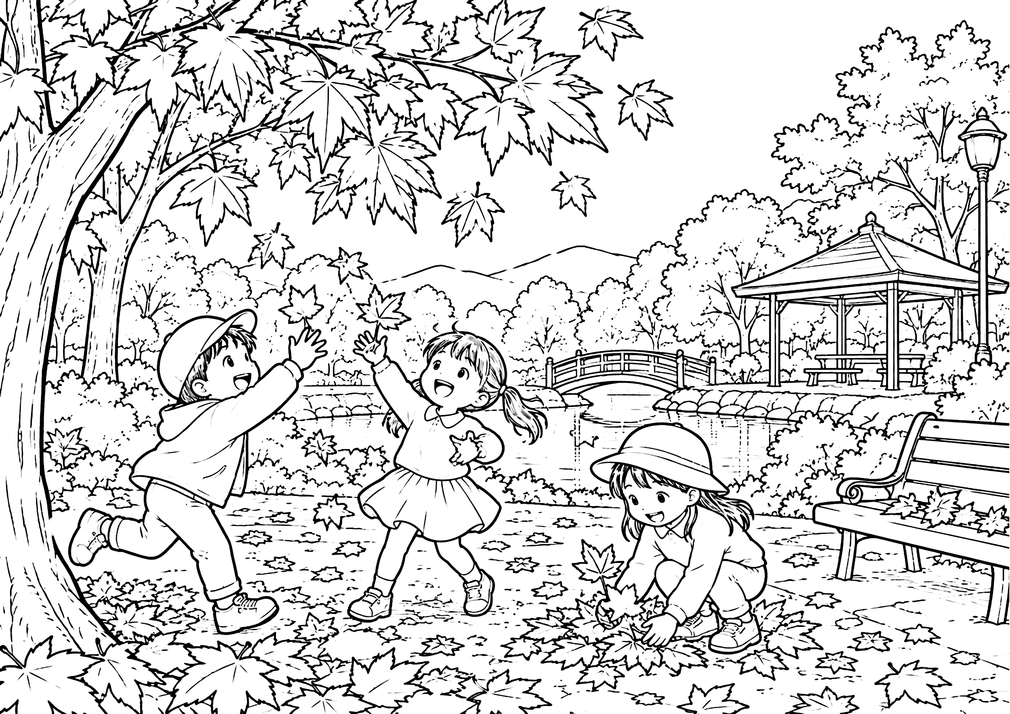 秋の公園で遊ぶ子供達 塗り絵