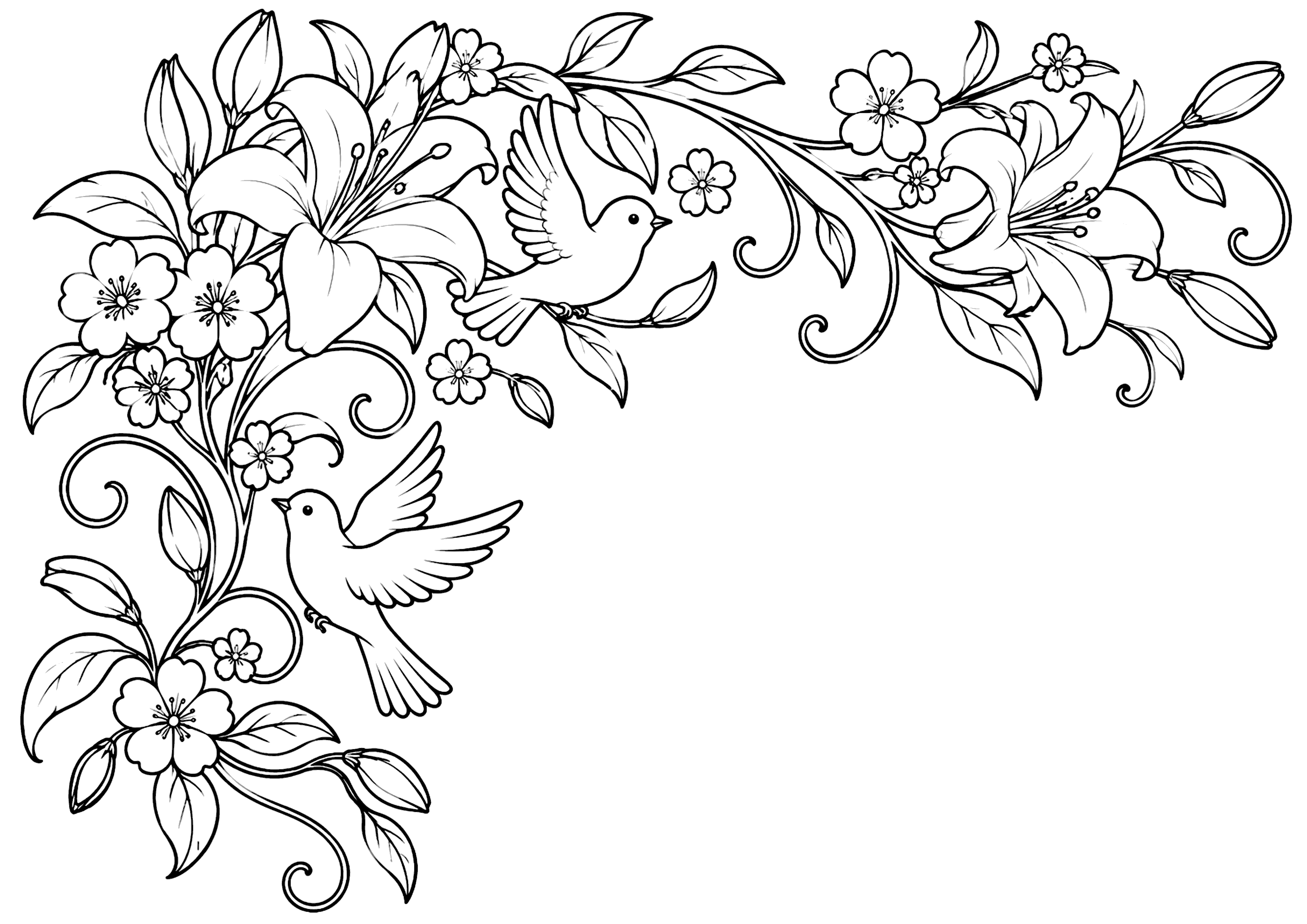 花と小鳥 塗り絵