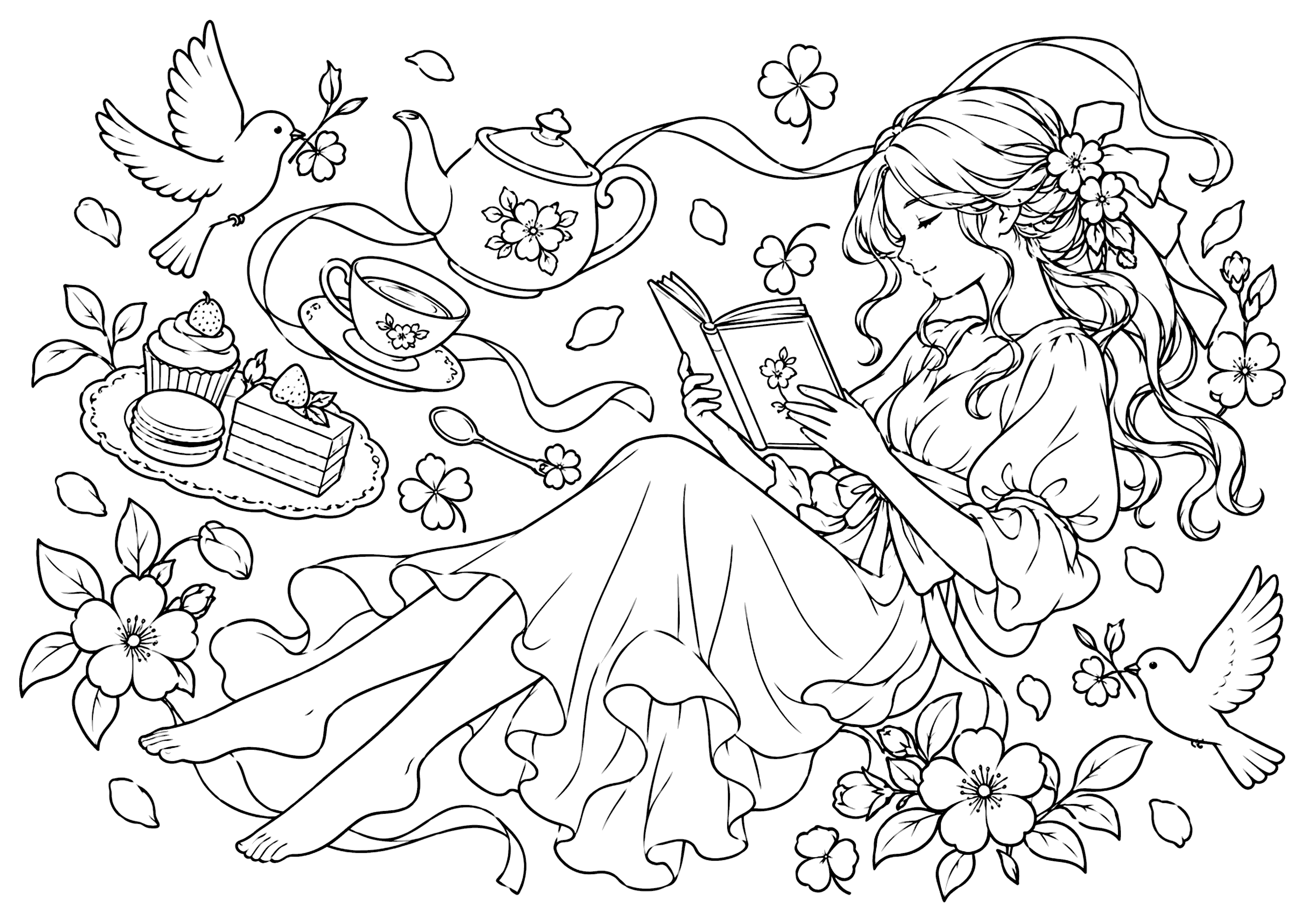 読書とティータイム 塗り絵