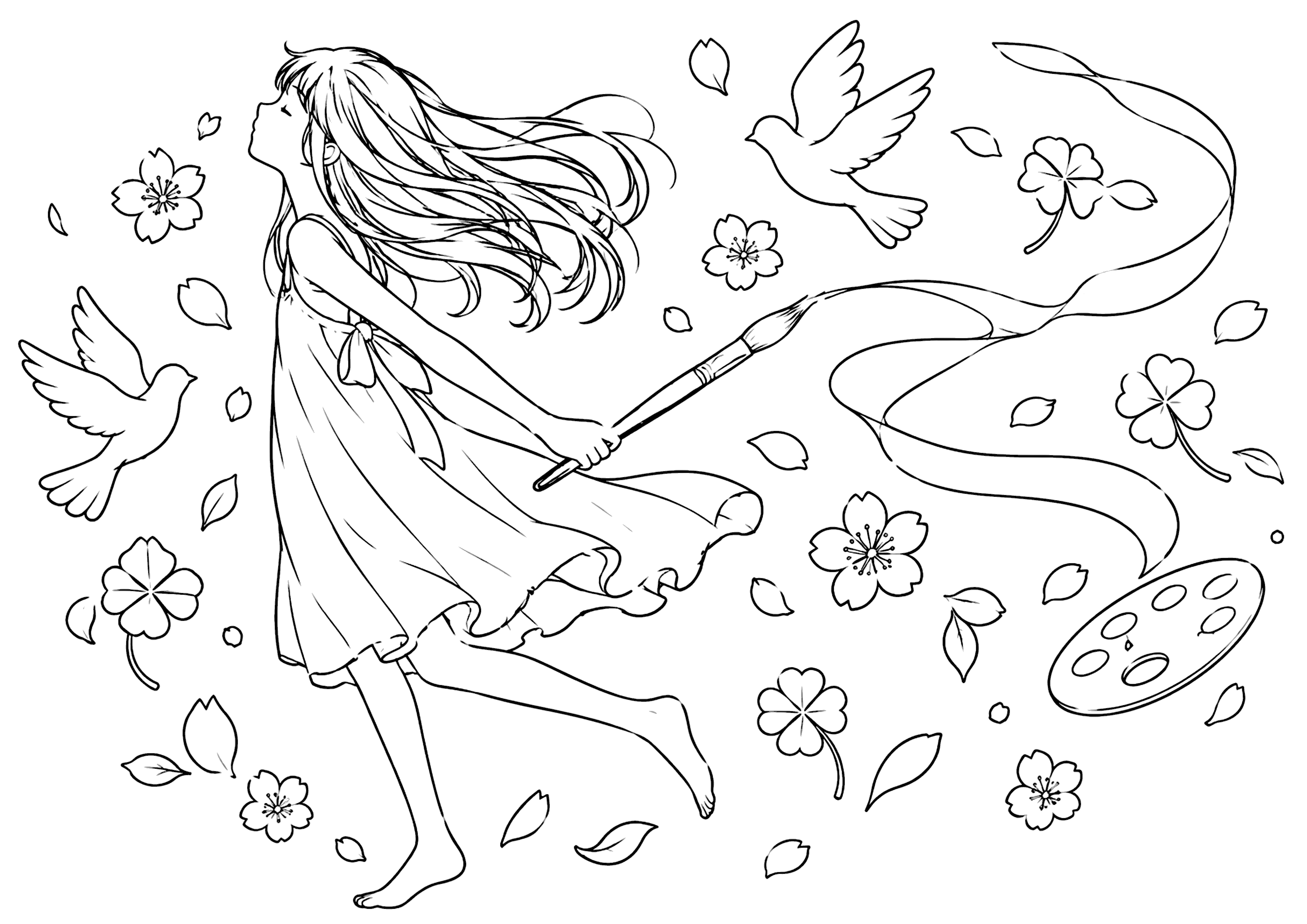 少女と絵具 塗り絵