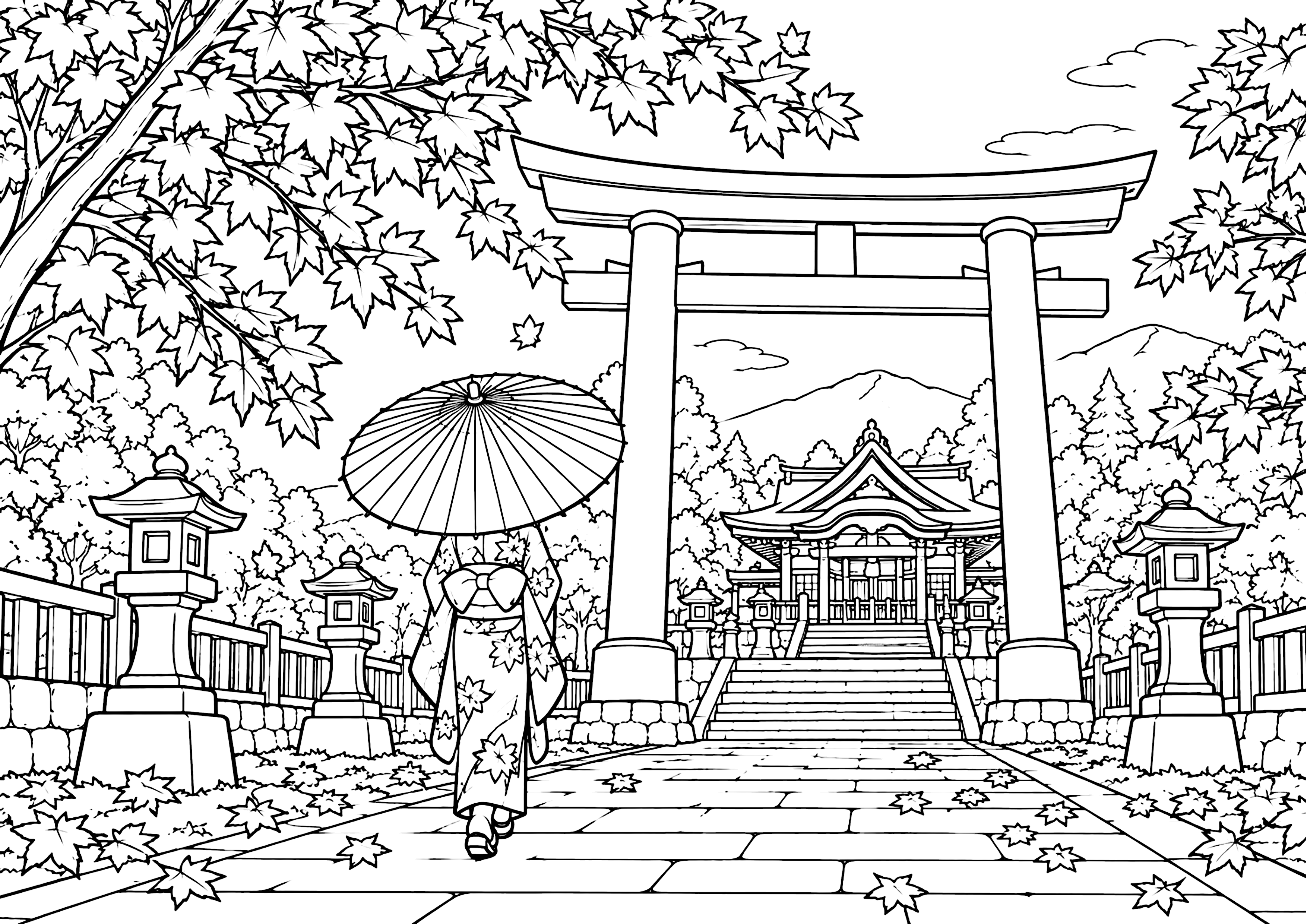 神社参道 塗り絵