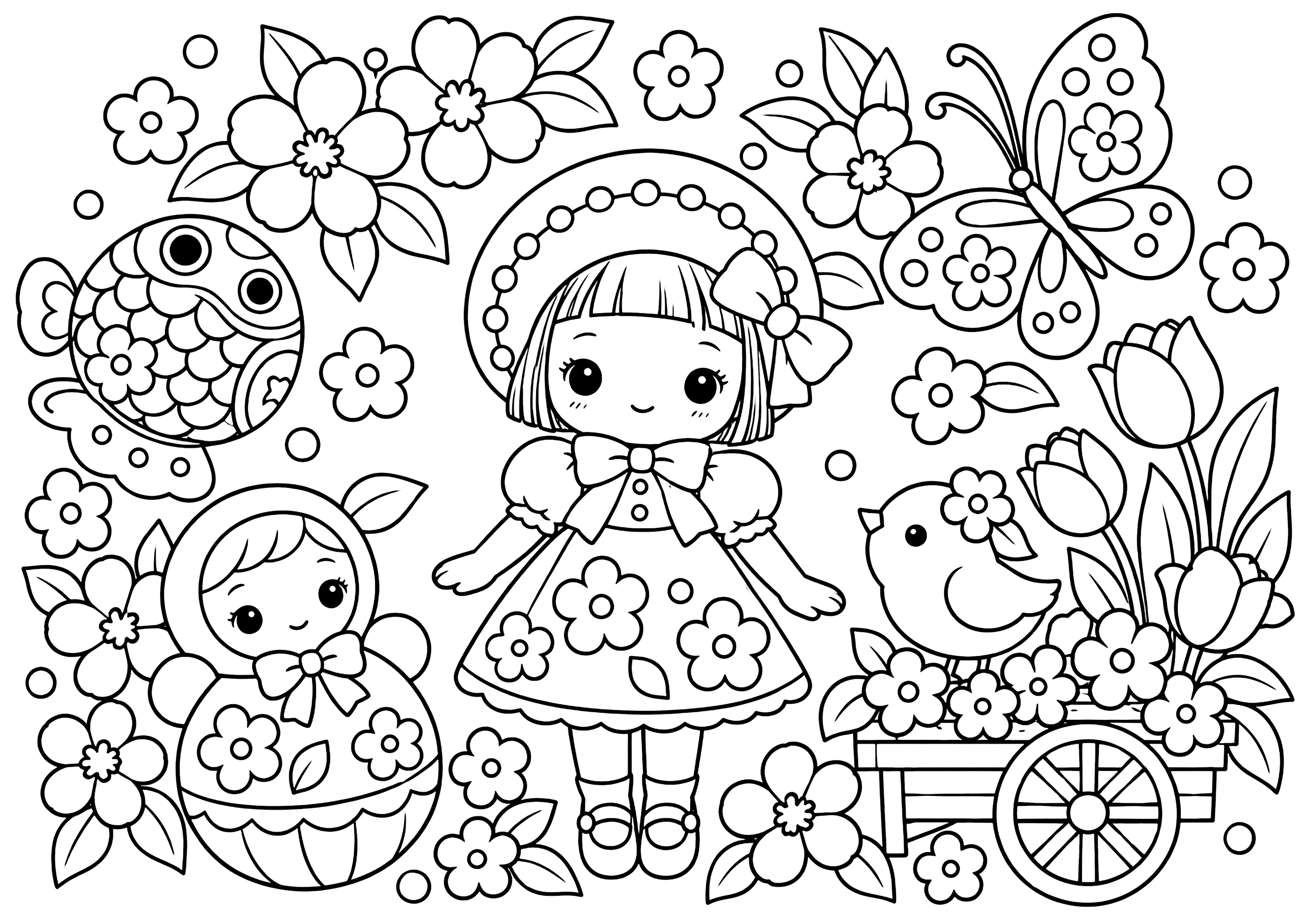 少女（レトロ風） 塗り絵