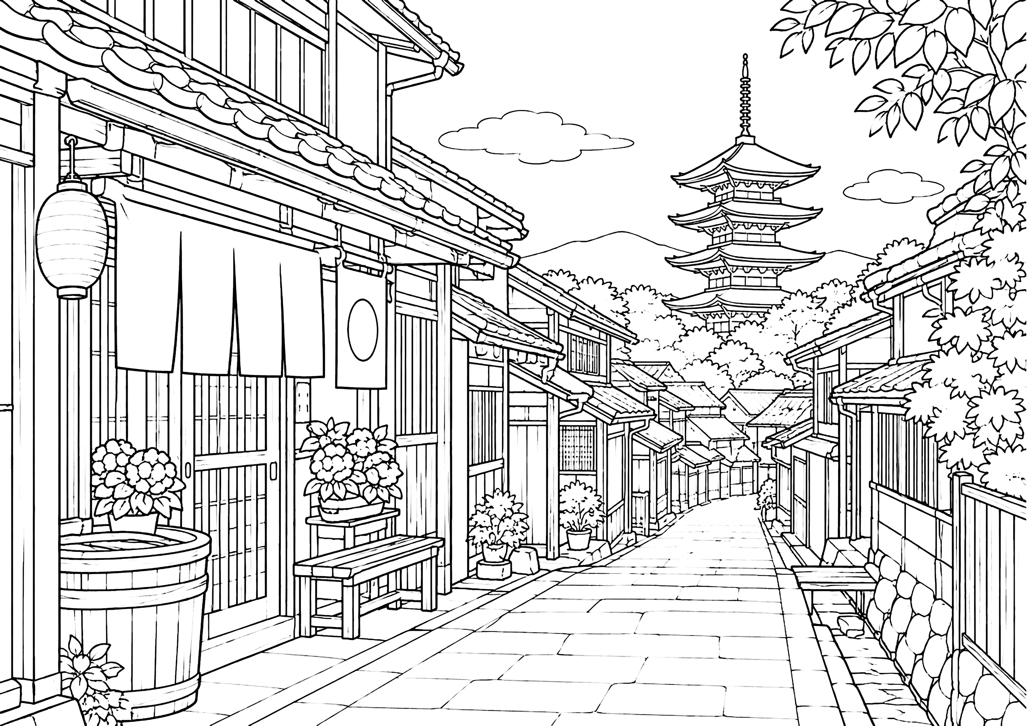五重塔見える街並み 塗り絵