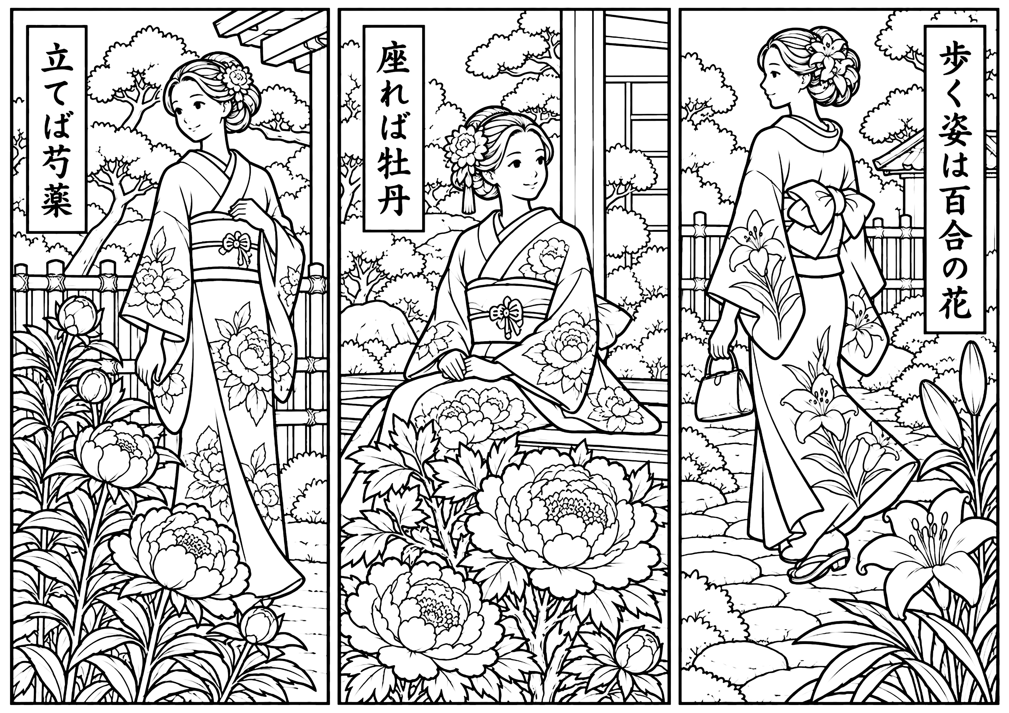 立てば芍薬、座れば牡丹、歩く姿は百合の花 塗り絵