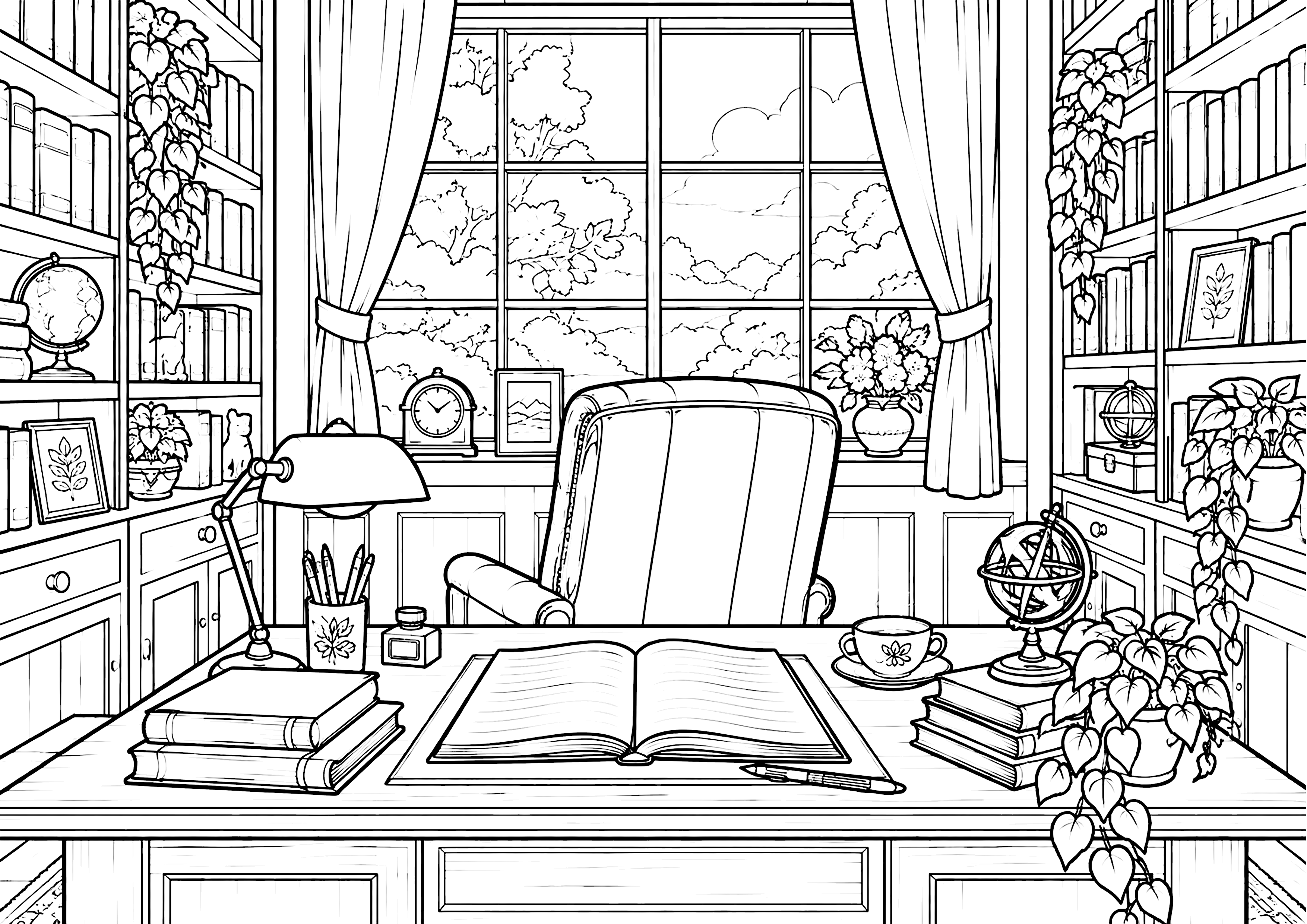窓辺の書斎 塗り絵