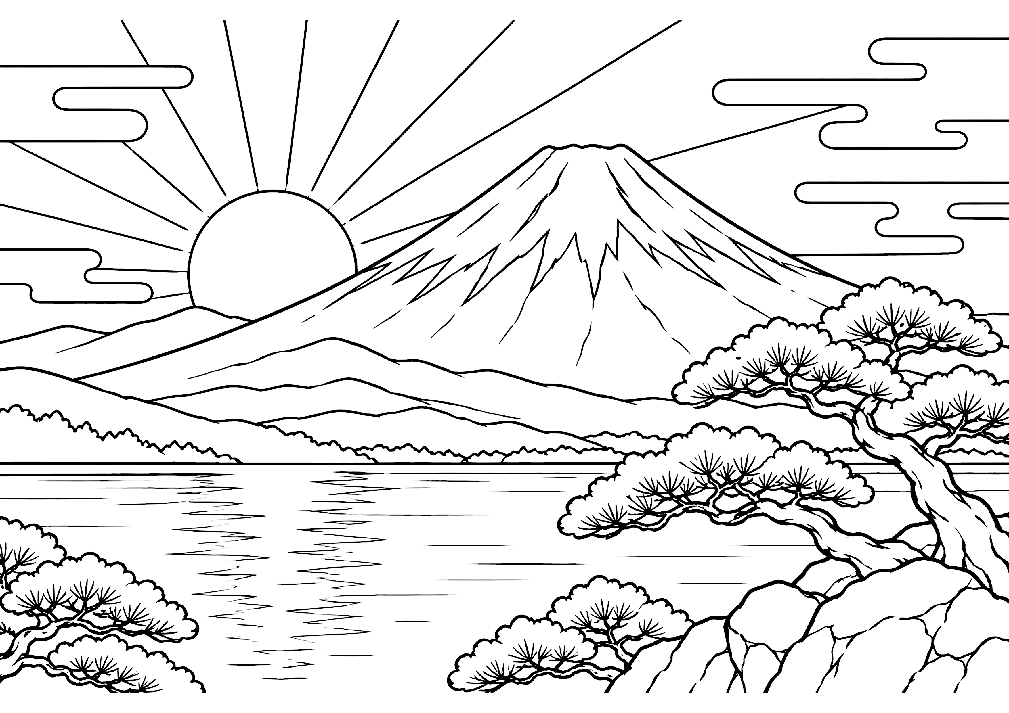 富士山と初日の出 塗り絵
