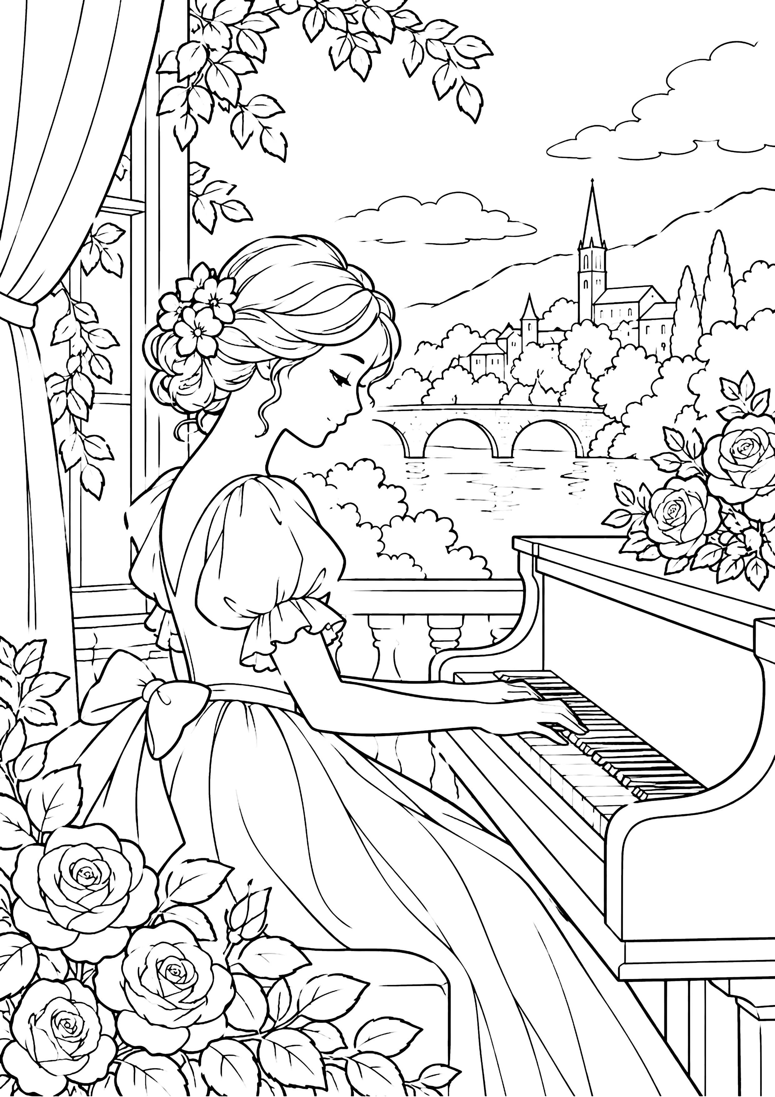 ピアノを弾く女性 塗り絵